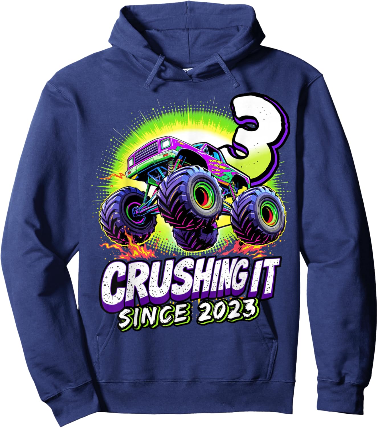 Birthday Monster Truck 3 Year Old Boys 3rd Party Born 2023 Hoodie - Hoodie | Navy