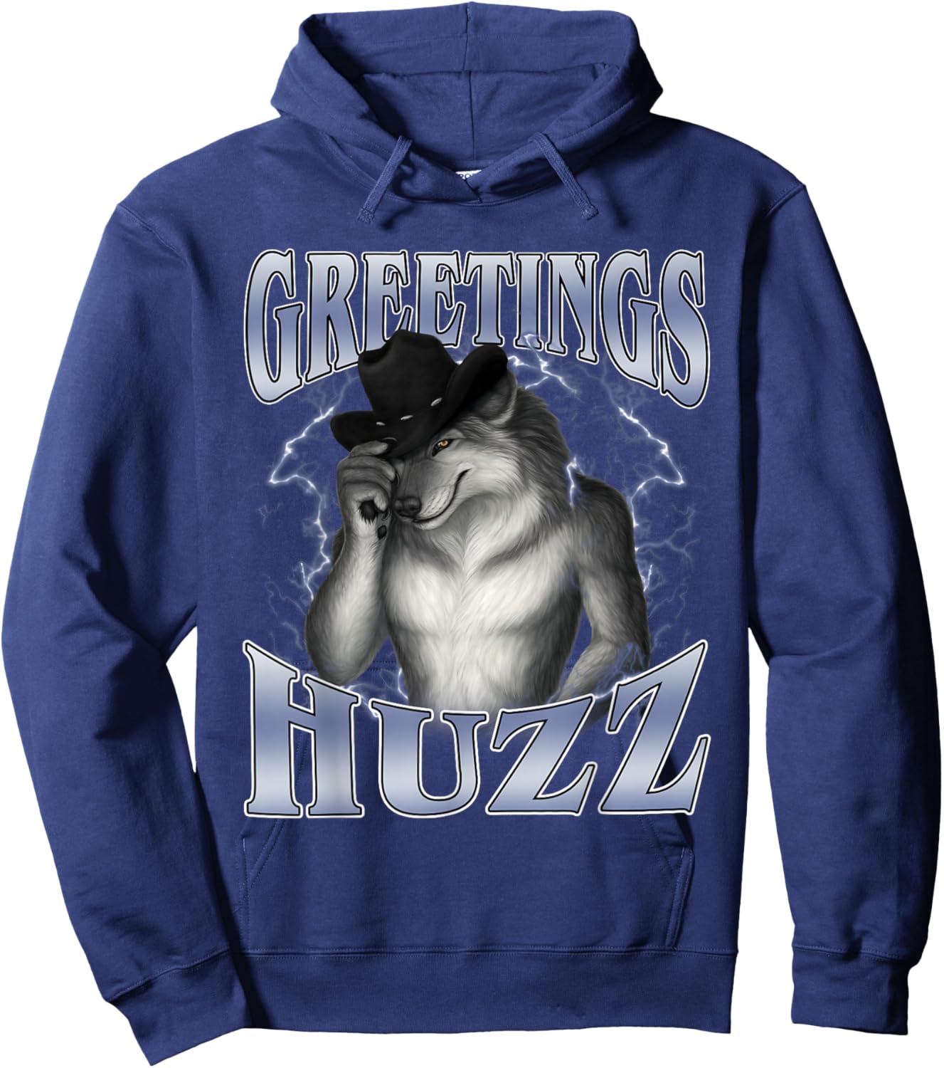 Greetings Huzz Funny Alpha Wolf Meme Unhinged Brainrot Hoodie - Hoodie | Navy