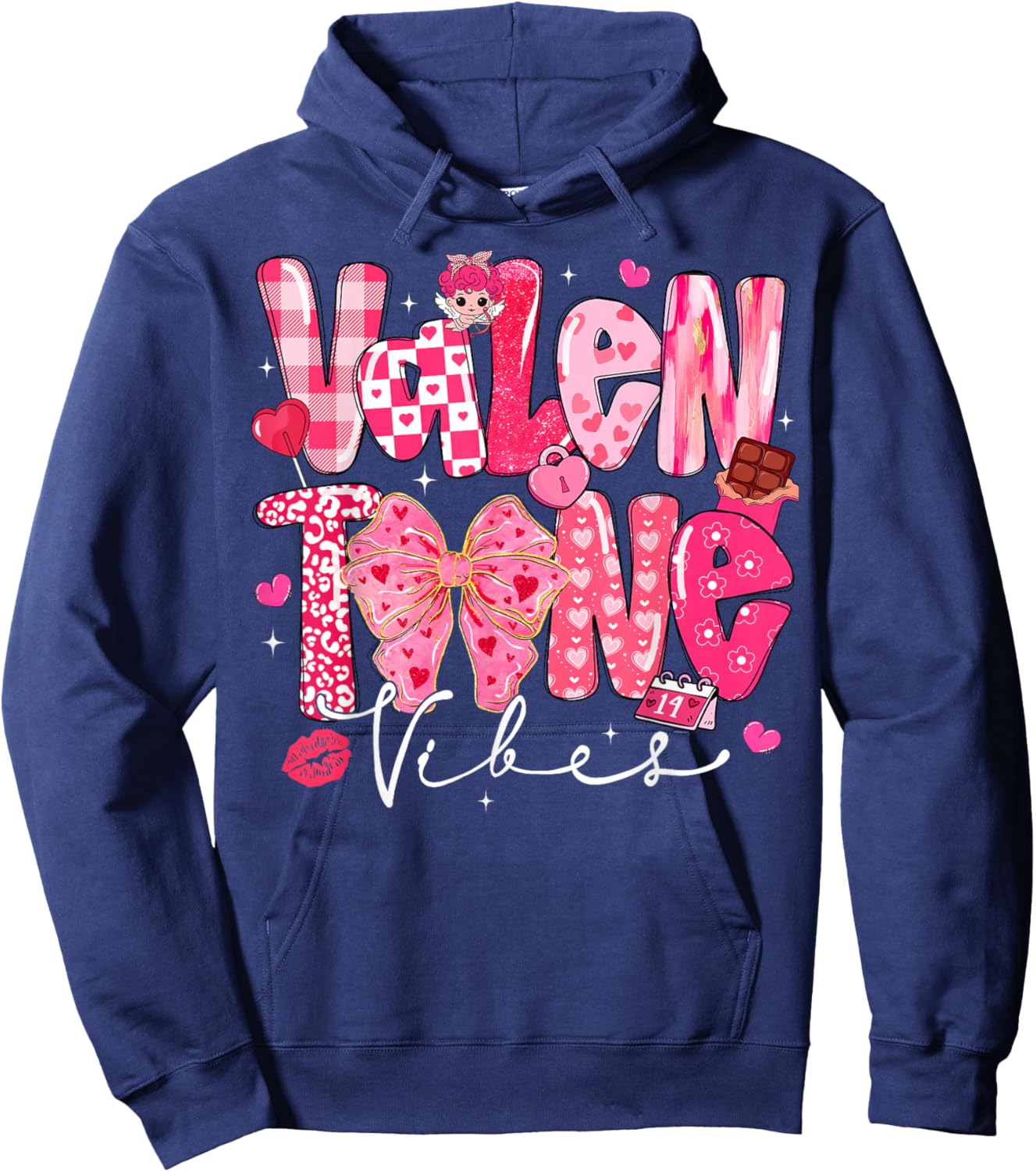 Valentine Vibes Cute Coquette Bow Red Heart Girl Women Kid Hoodie - Hoodie | Navy