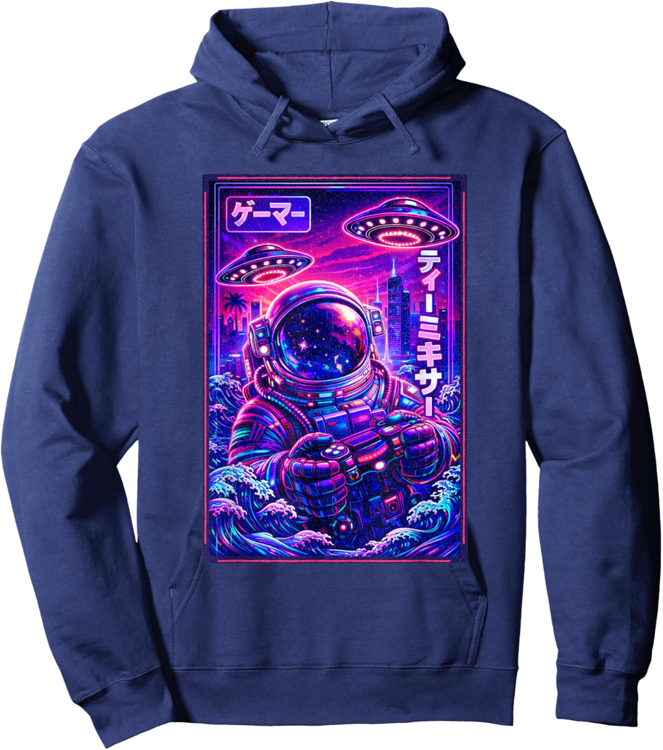 Japanese Synthwave Sci Fi UFO Astronaut Graphic Cool Gamer Hoodie - Hoodie | Navy