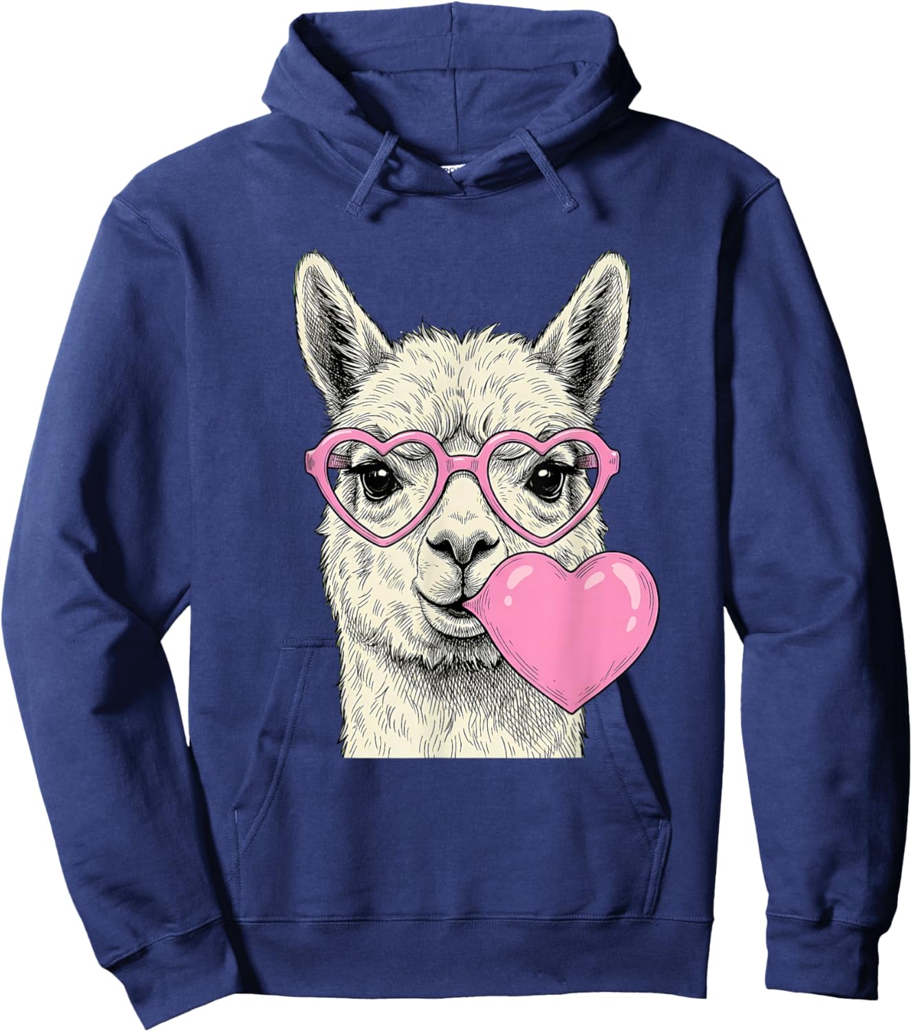 Cute Alpaca Blowing Pink Valentine Heart Bubble Gum Hoodie - Hoodie | Navy