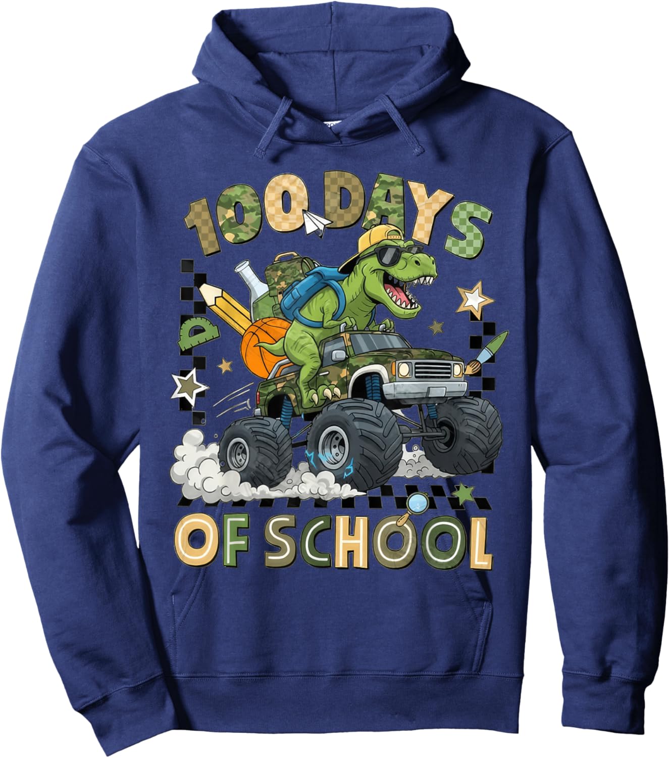 100 Days of School Monster Truck Camo 100th Day School Boys Hoodie - Hoodie | Navy