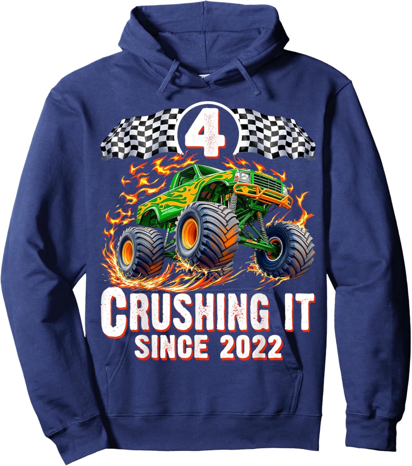 Birthday Monster Truck 4 Year Old Boys 4th Party Born 2022 Hoodie - Hoodie | Navy