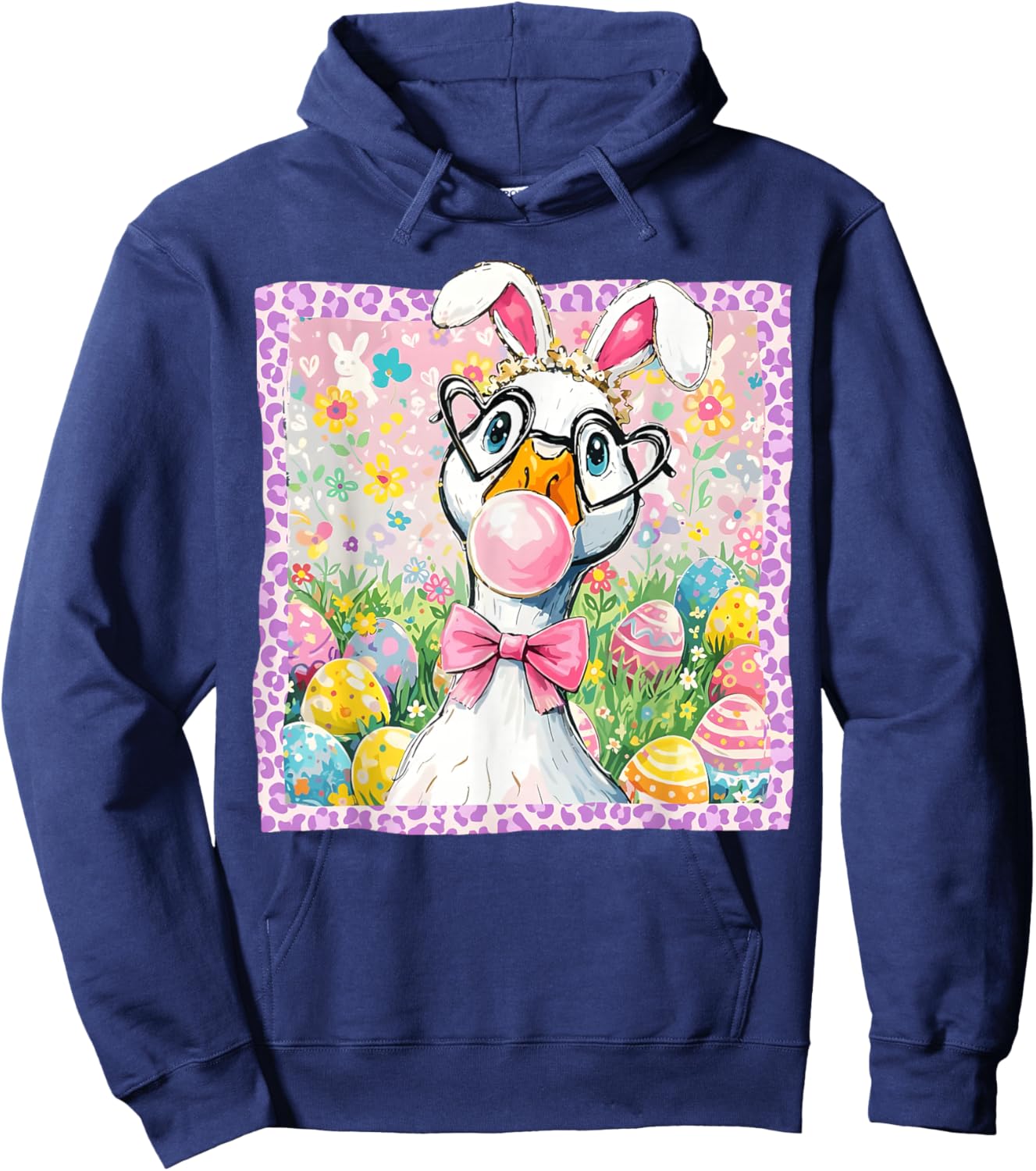Preppy Easter Silly Goose Bubblegum Coquette Bunny Ears Hoodie - Hoodie | Navy
