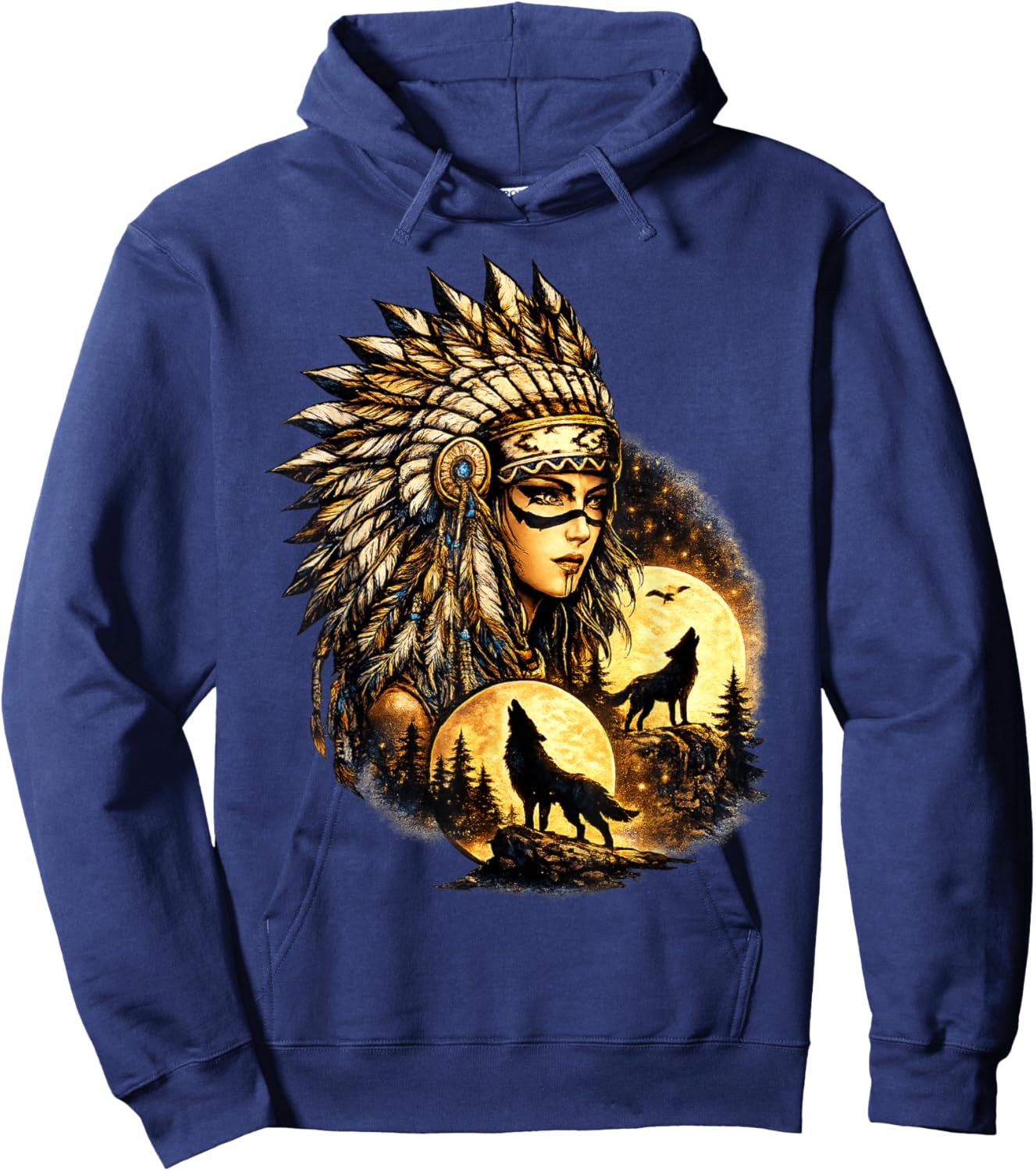 Indian Native American Woman with White Wolf Vitage Gifts Hoodie - Hoodie | Navy