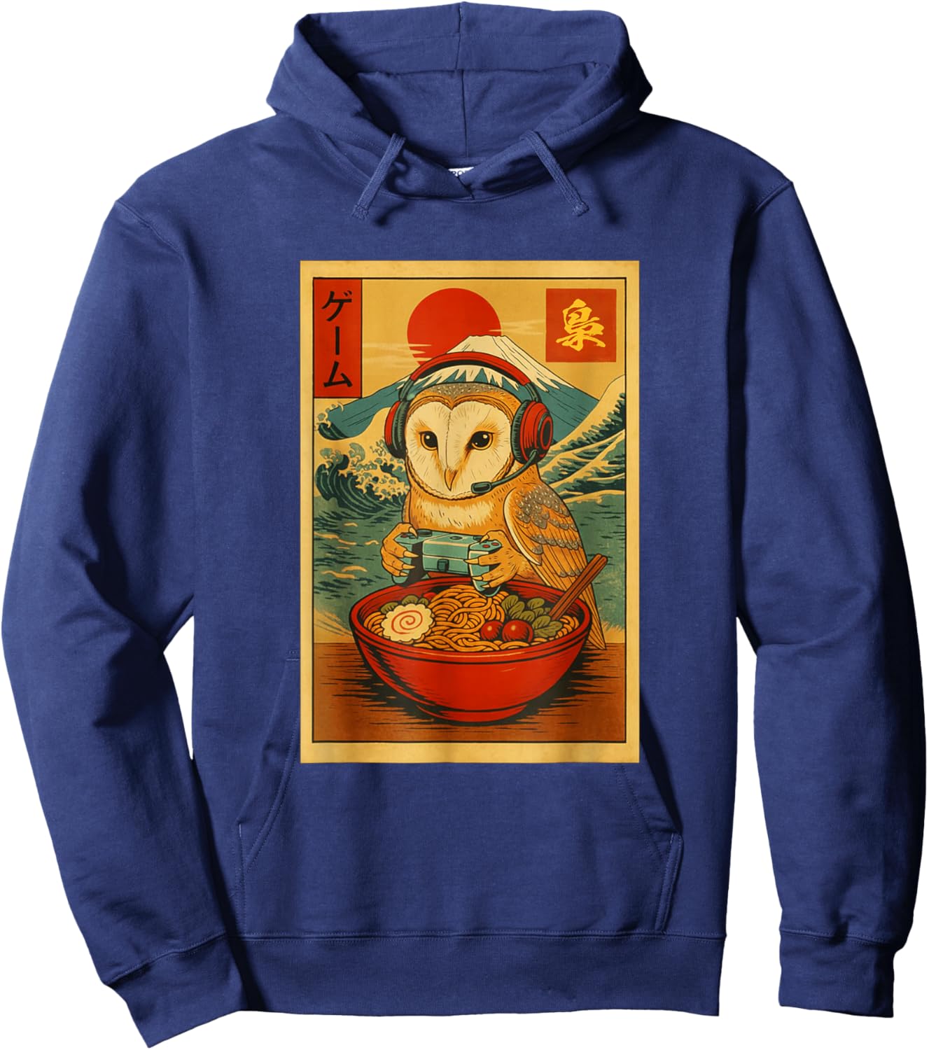 Owl Bird Gaming Ramen Japanese Ukiyo-e Great Wave Retro Art Hoodie - Hoodie | Navy