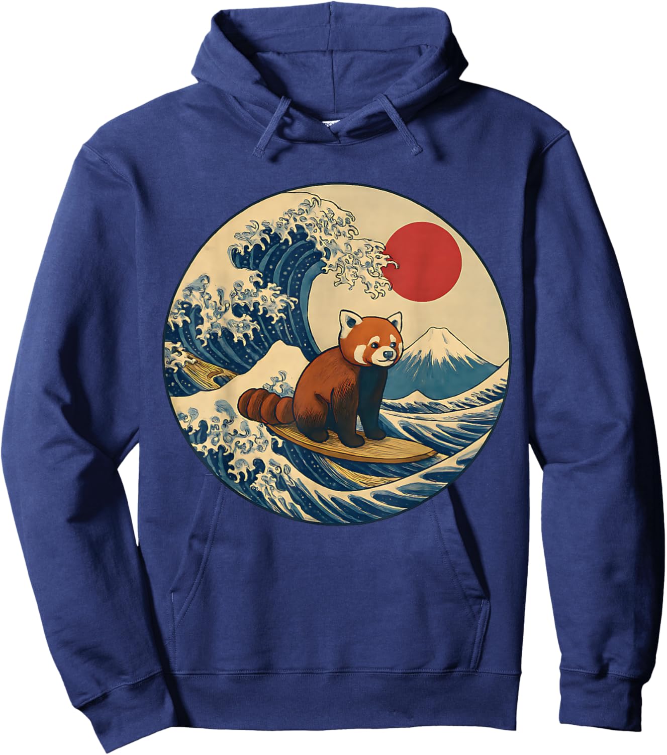 Japanese Surf Animal Red Panda Kanagawa Wave Graphic Hoodie - Hoodie | Navy