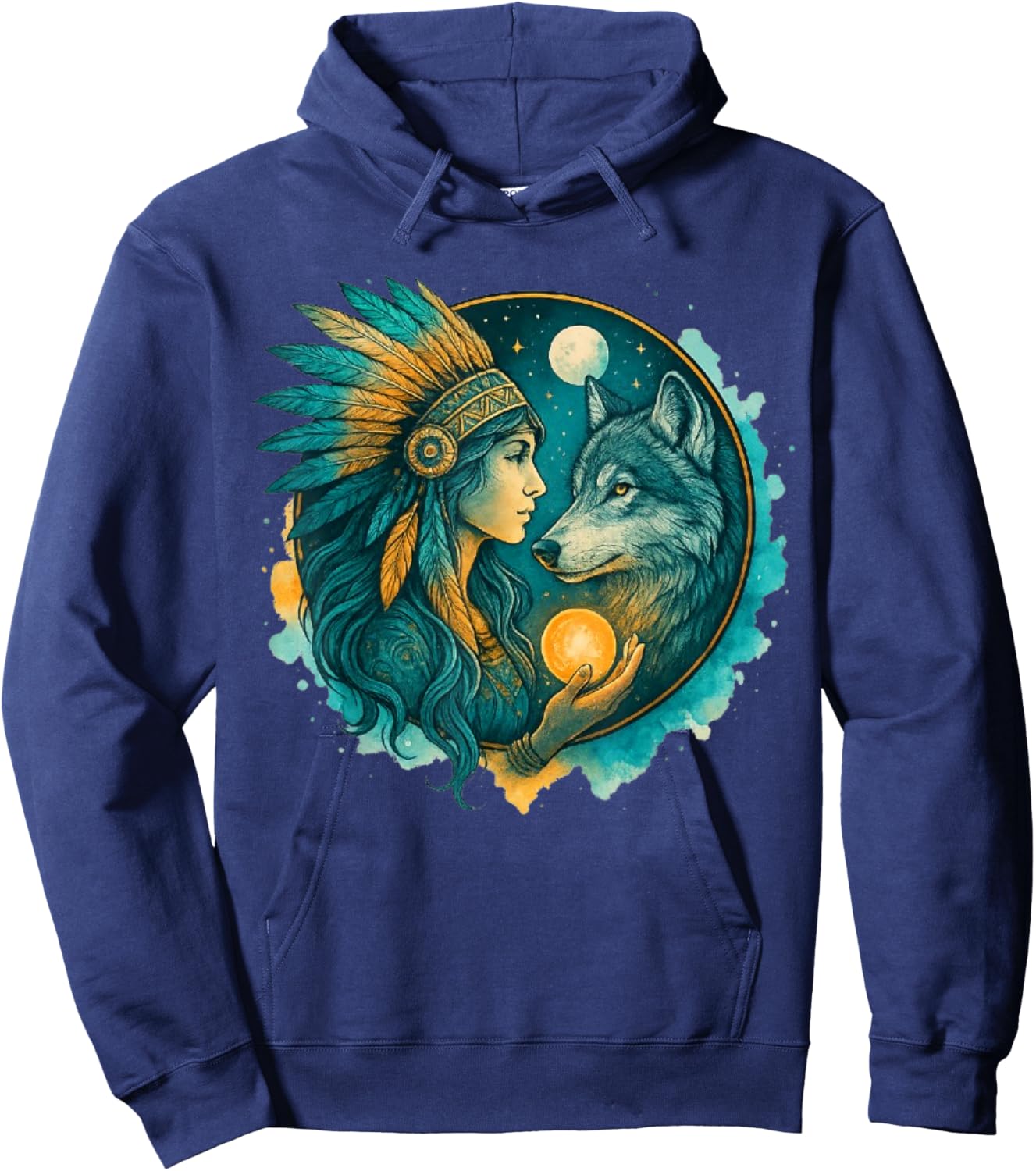 Indian Native American Woman with White Wolf Vitage Hoodie - Hoodie | Navy