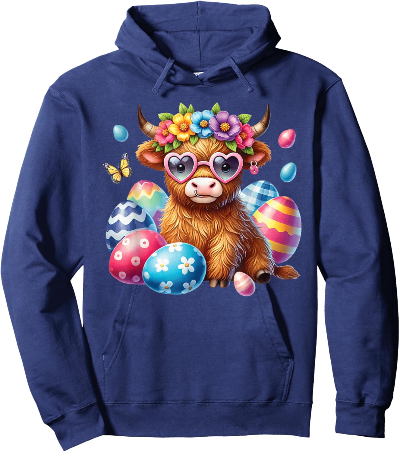 Happy Easter Highland Cow Heifer Easter Day Farmer Cowgirl Hoodie - Hoodie | Navy