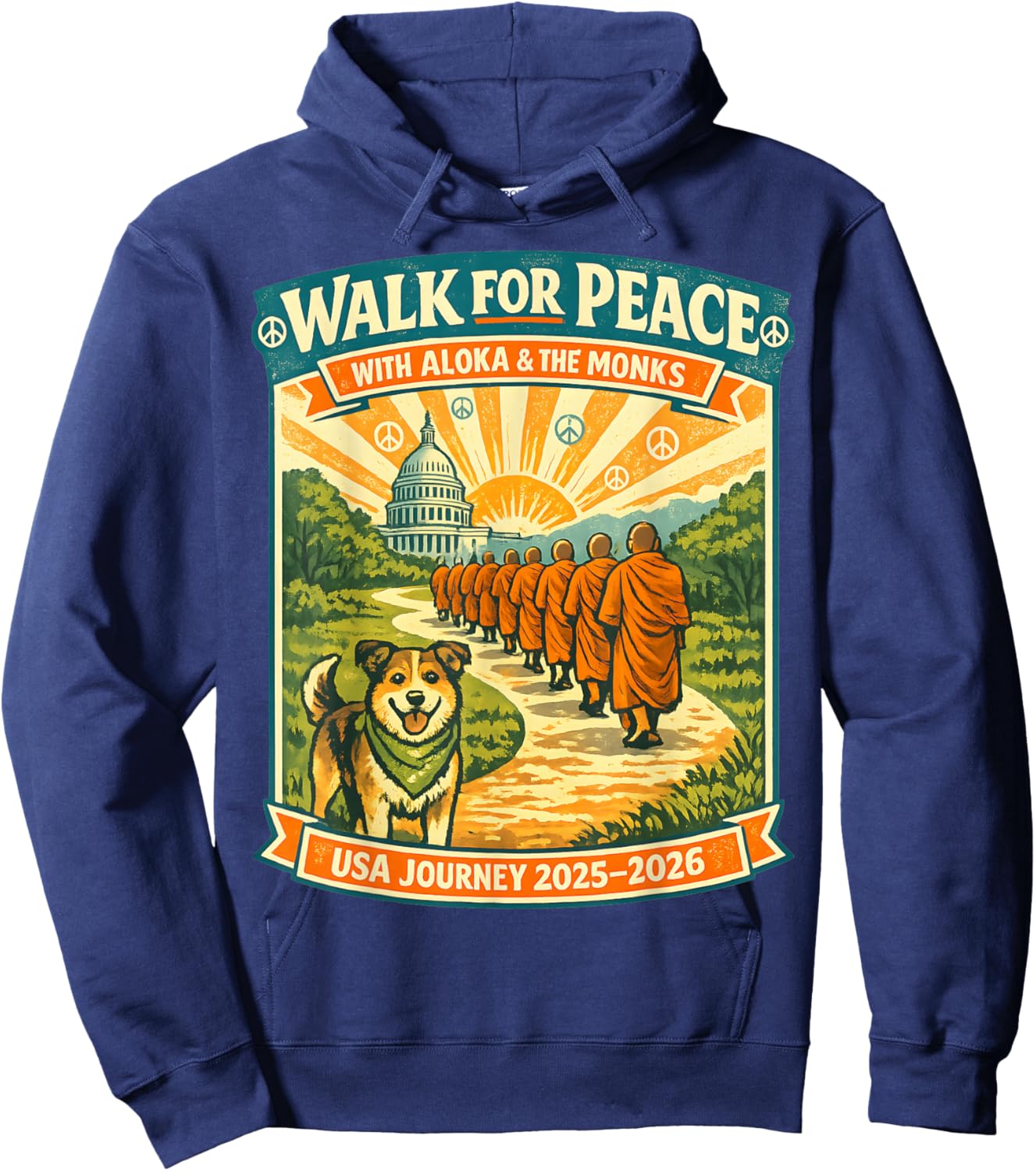 Walk for Peace Monks Dog USA Journey 2025-2026 Vintage Zen Hoodie - Hoodie | Navy