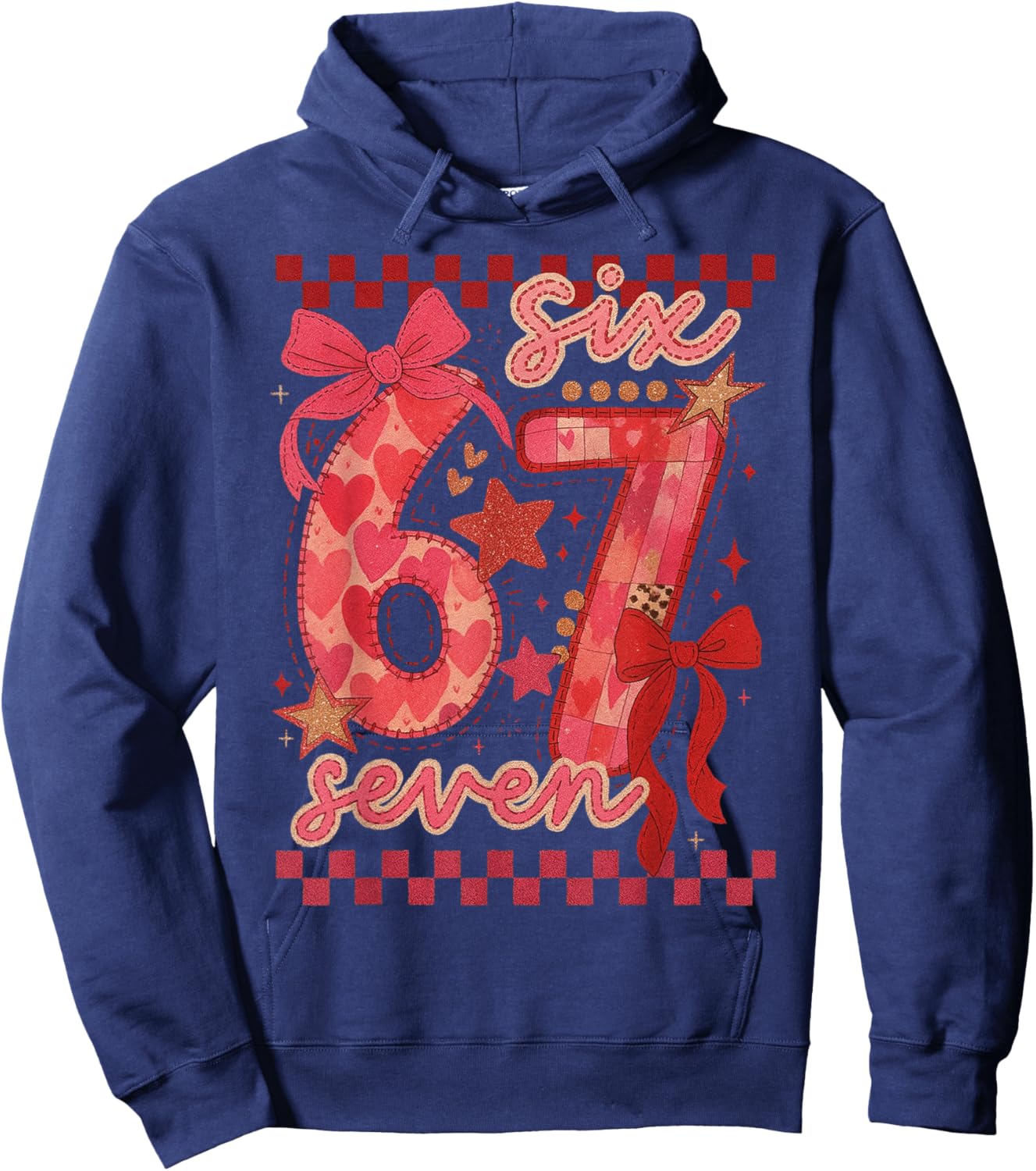 Six Seven Valentine 6 7 Meme Checkered Coquette Bow Hoodie - Hoodie | Navy