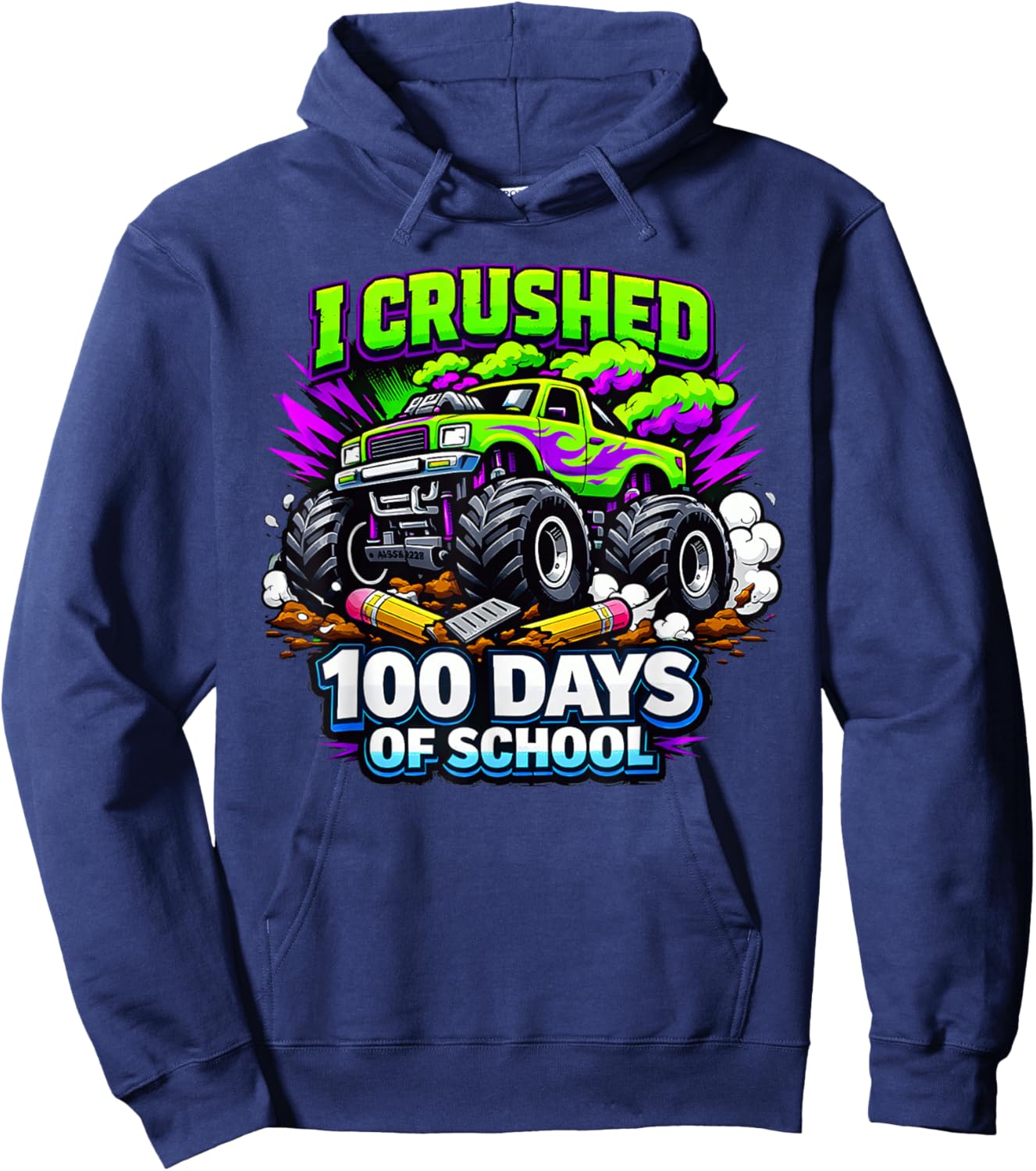 I Crushed 100 Days of School Monster Truck 100th Day Boys Hoodie - Hoodie | Navy
