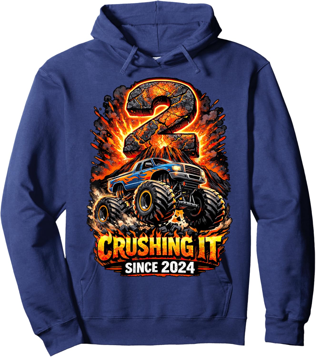Birthday Monster Truck 2 Year Old Boys 2nd Party Born 2024 Hoodie - Hoodie | Navy
