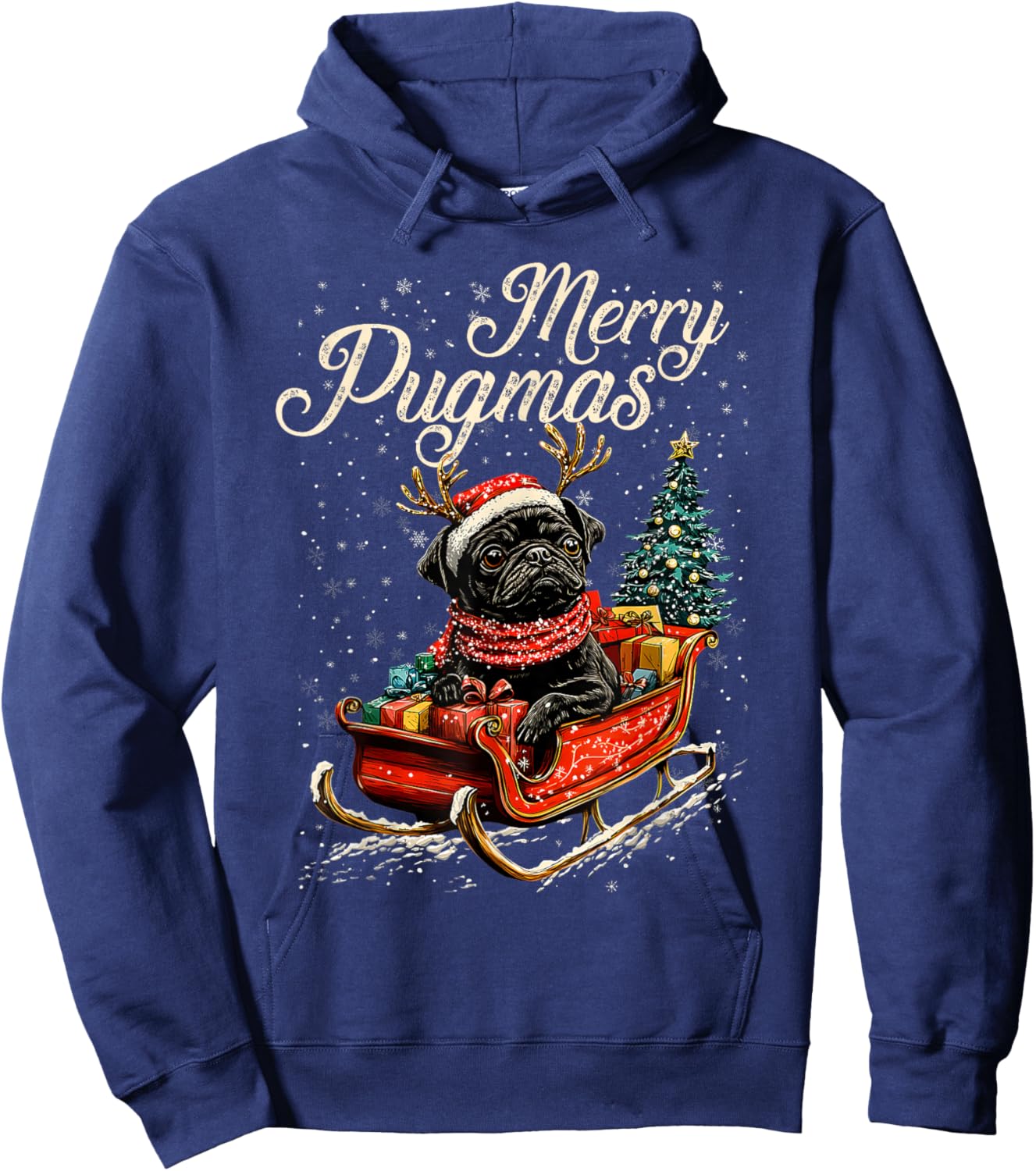 Merry Pugmas Christmas Santa Black Pug Reindeer Light Hoodie - Hoodie | Navy