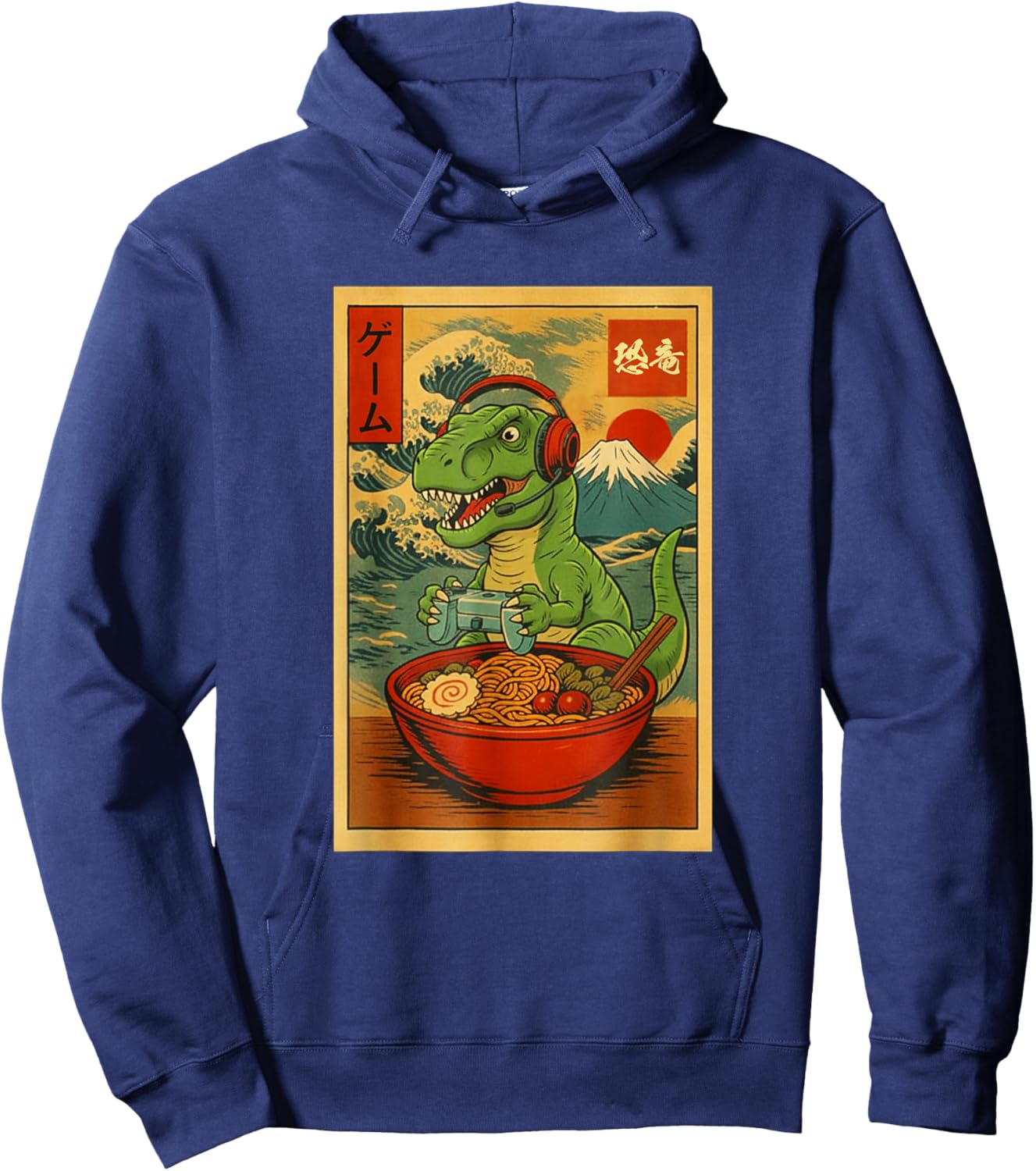 T-Rex Dinosaur Gaming Ramen Japanese Ukiyo-e Great Wave Hoodie - Hoodie | Navy