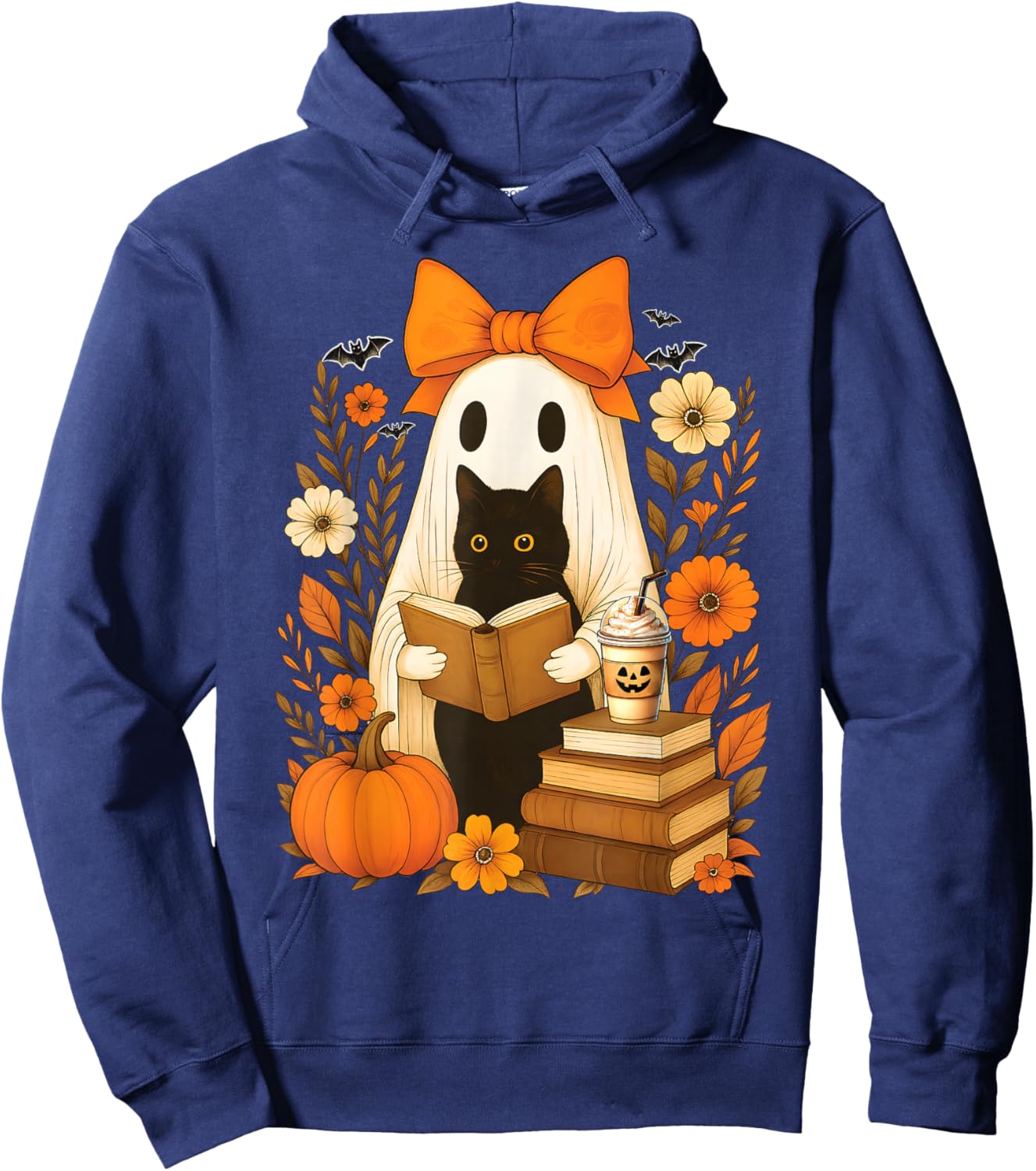 Groovy Floral Vintage Halloween Ghost Reading Book Cat Lover Hoodie - Hoodie | Navy