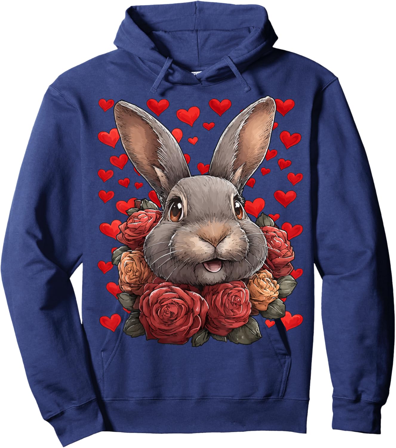 Cute Rabbit with Red Roses Hearts Valentine’s Day Animal Hoodie - Hoodie | Navy