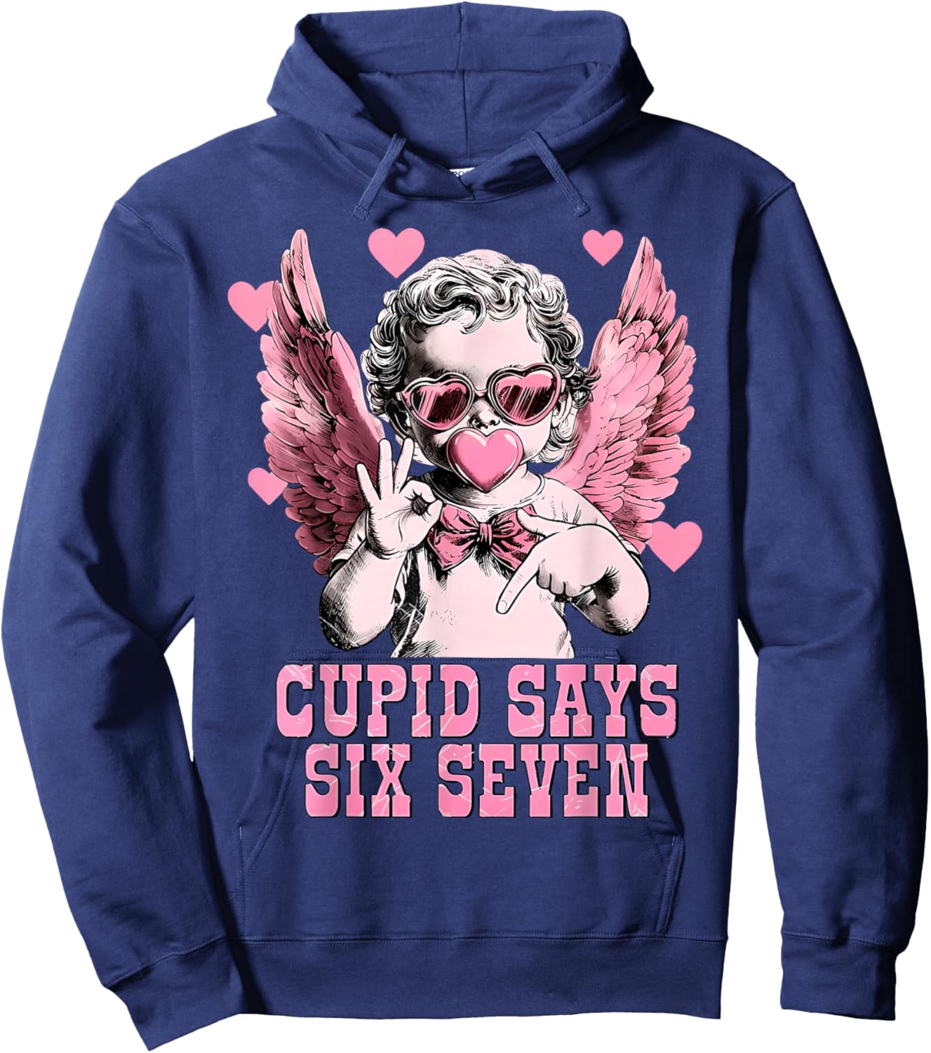 Retro Cupid Says Six Seven Hands Sign Blowing Bubble Hearts Hoodie - Hoodie | Navy