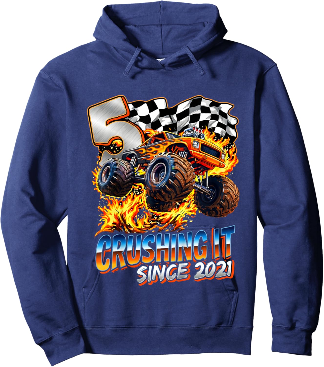 Kids Birthday Monster Truck Boys 5 Crushing It Since 2021 Hoodie - Hoodie | Navy
