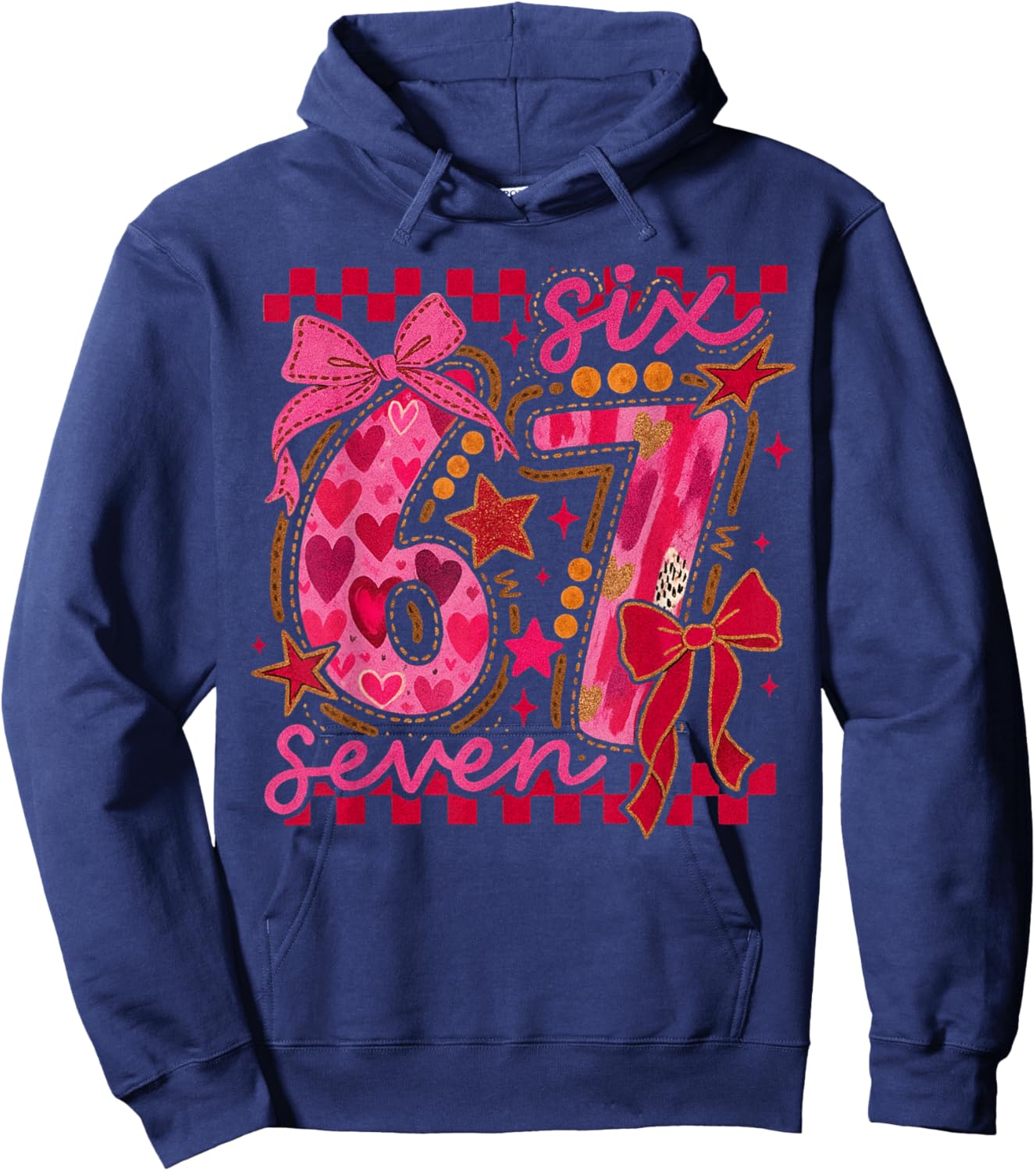 Six Seven Valentine 6 7 Meme Checkered Coquette Bow Hoodie - Hoodie | Navy