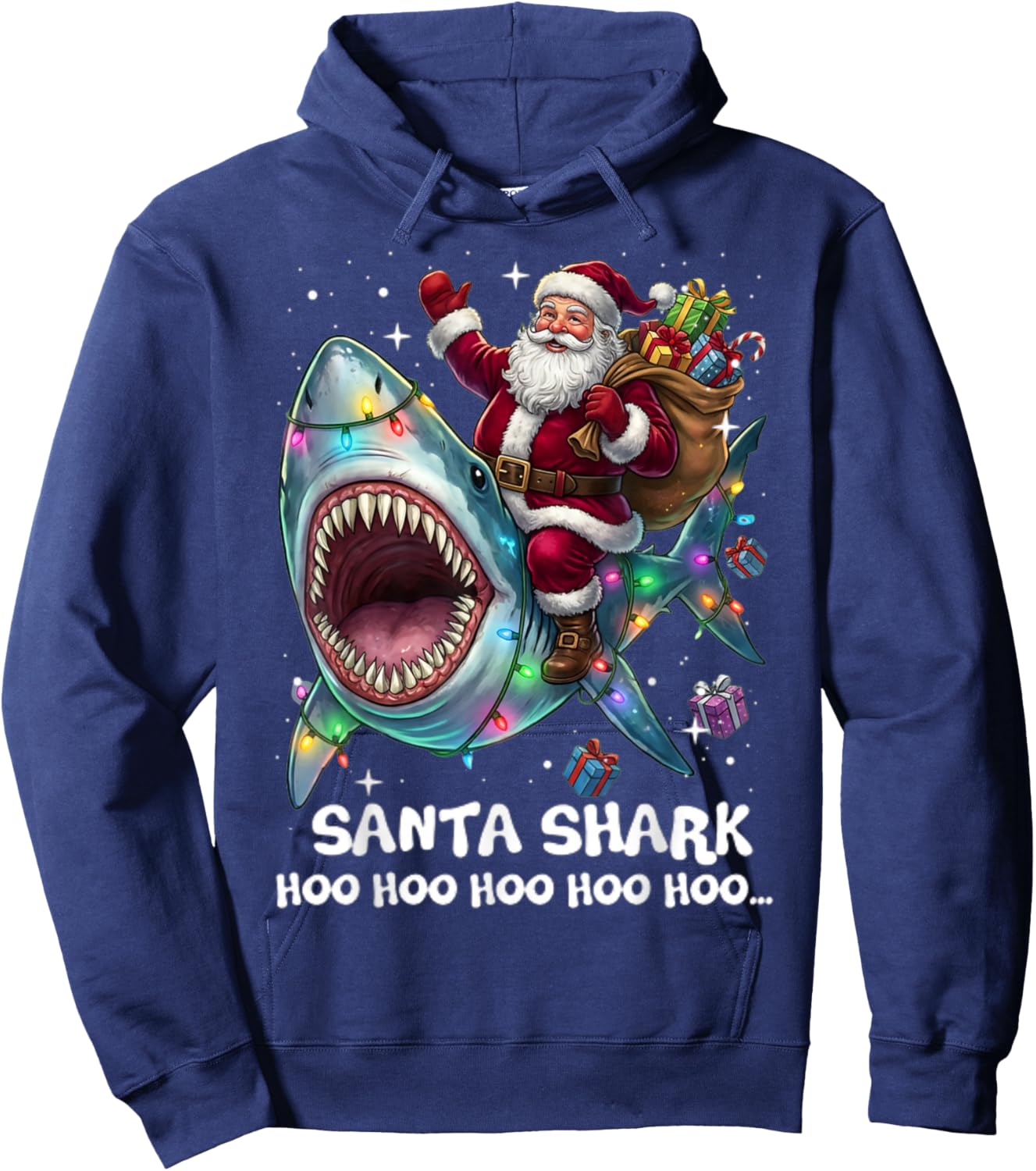 Santa Shark Ho Ho Ho Funny Christmas Lights Sharkmas Tree Hoodie - Hoodie | Navy