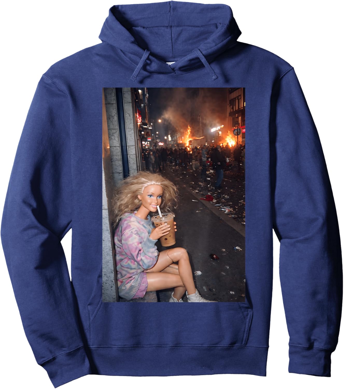 Funny Disaster Doll Face Meme Drinking Iced Coffee Chaotic Hoodie - Hoodie | Navy