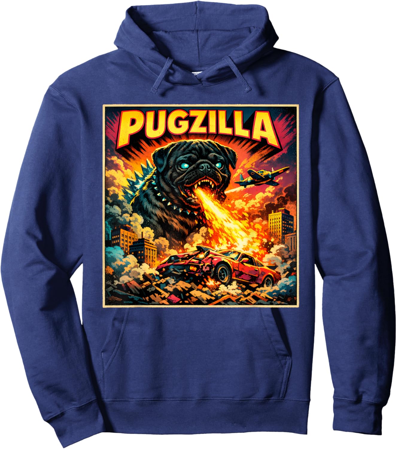 Retro Pugzilla Cute Pug Funny Youth Life from Dad Mom Meme Hoodie - Hoodie | Navy