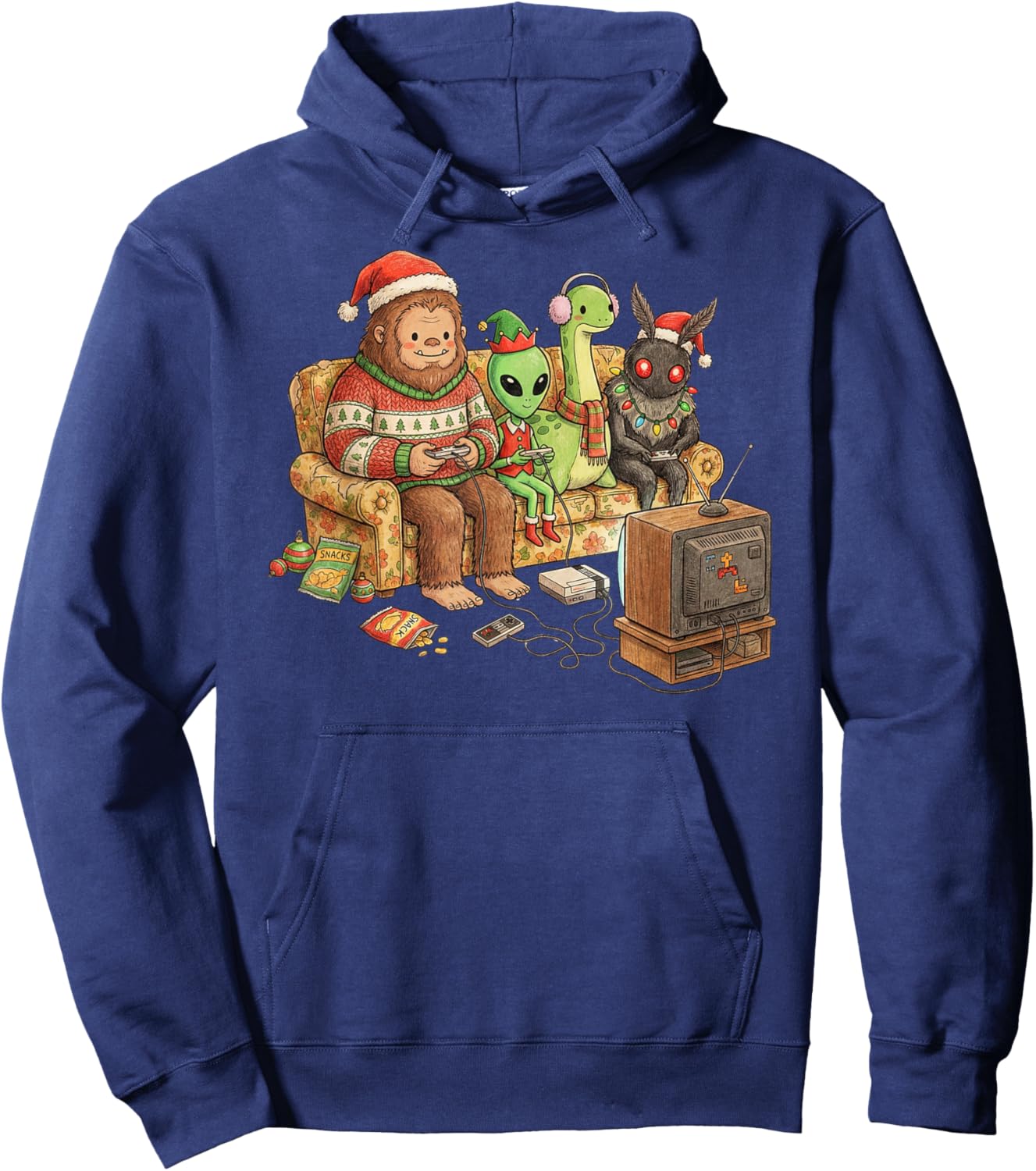 Bigfoot Alien Nessie Mothman Retro Gaming Christmas Party Hoodie - Hoodie | Navy