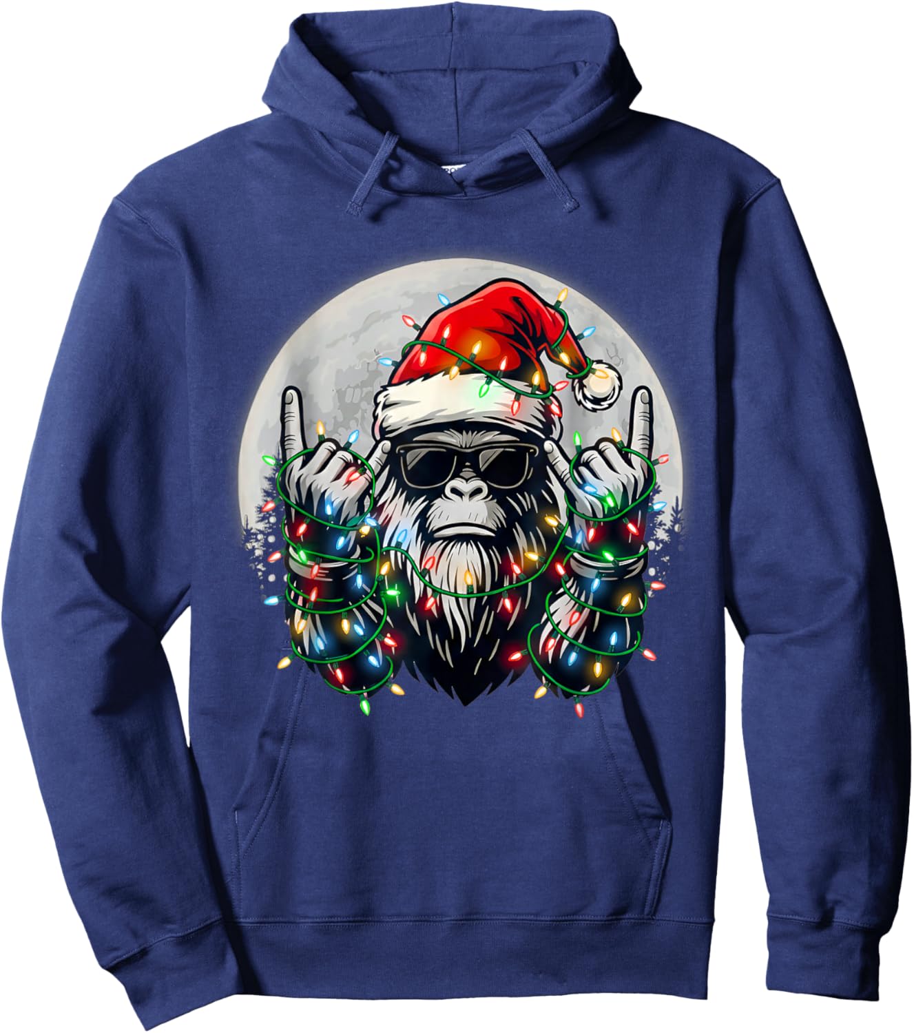 Santa Bigfoot Christmas Tree Xmas Lights Funny Sasquatch Hoodie - Hoodie | Navy