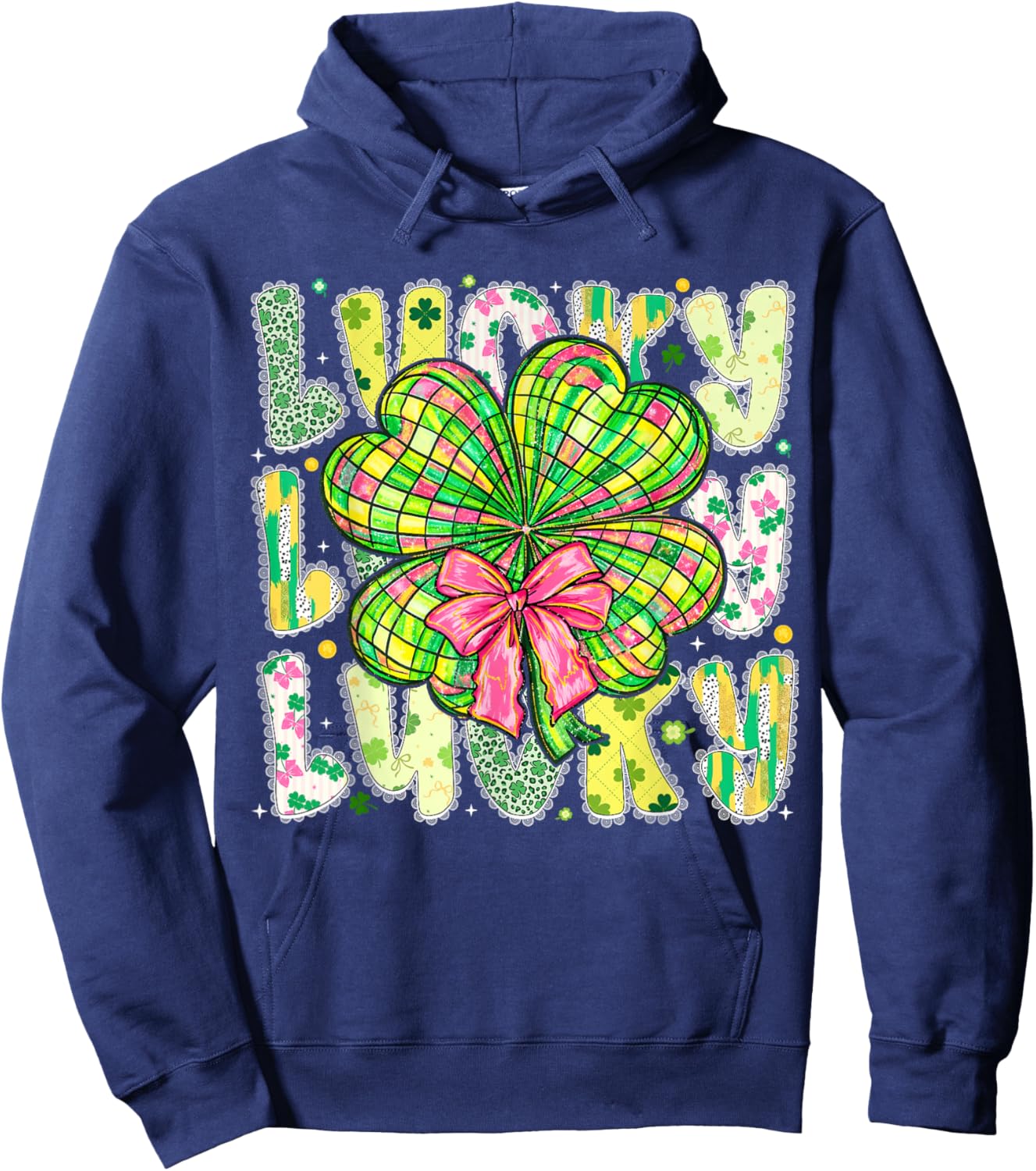 Lucky St Patricks Day Clover Coquette Bow Girl Women Kid Hoodie - Hoodie | Navy