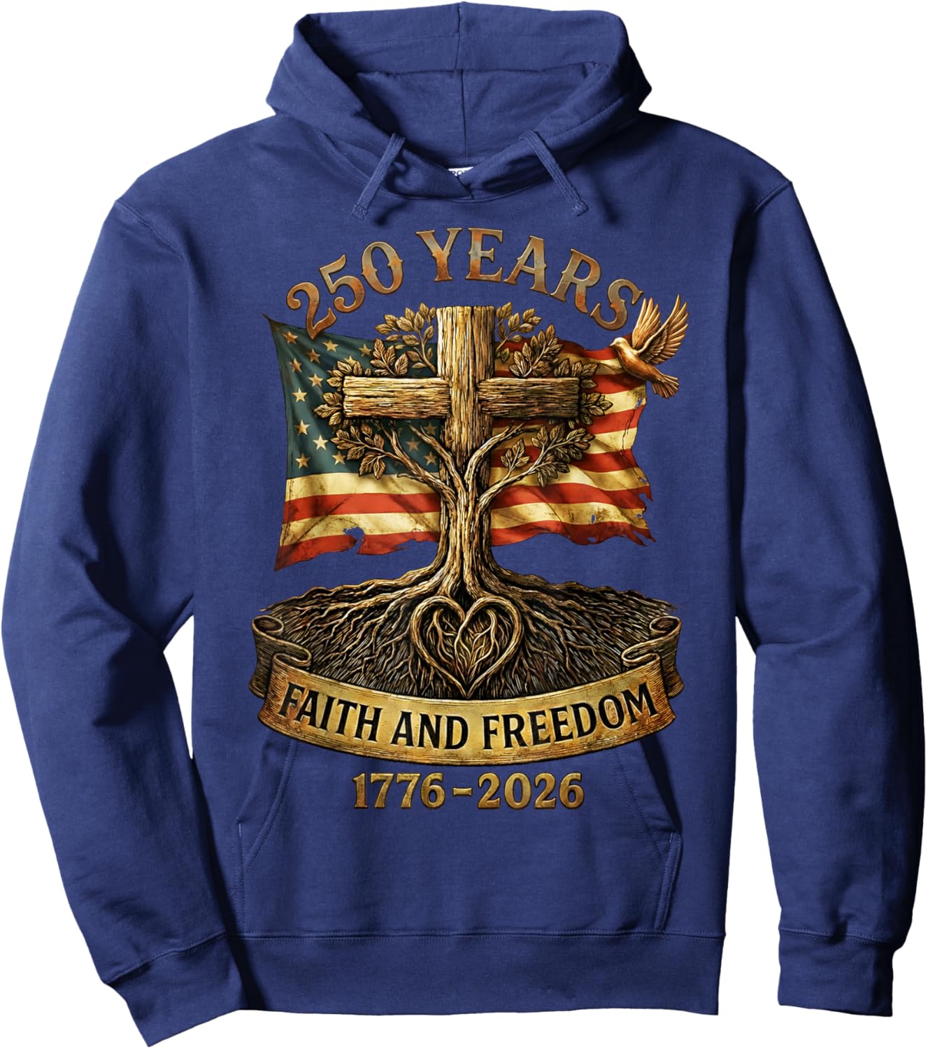 Flag Cross 250 Years Faith and Freedom 1776-2026 Hoodie - Hoodie | Navy