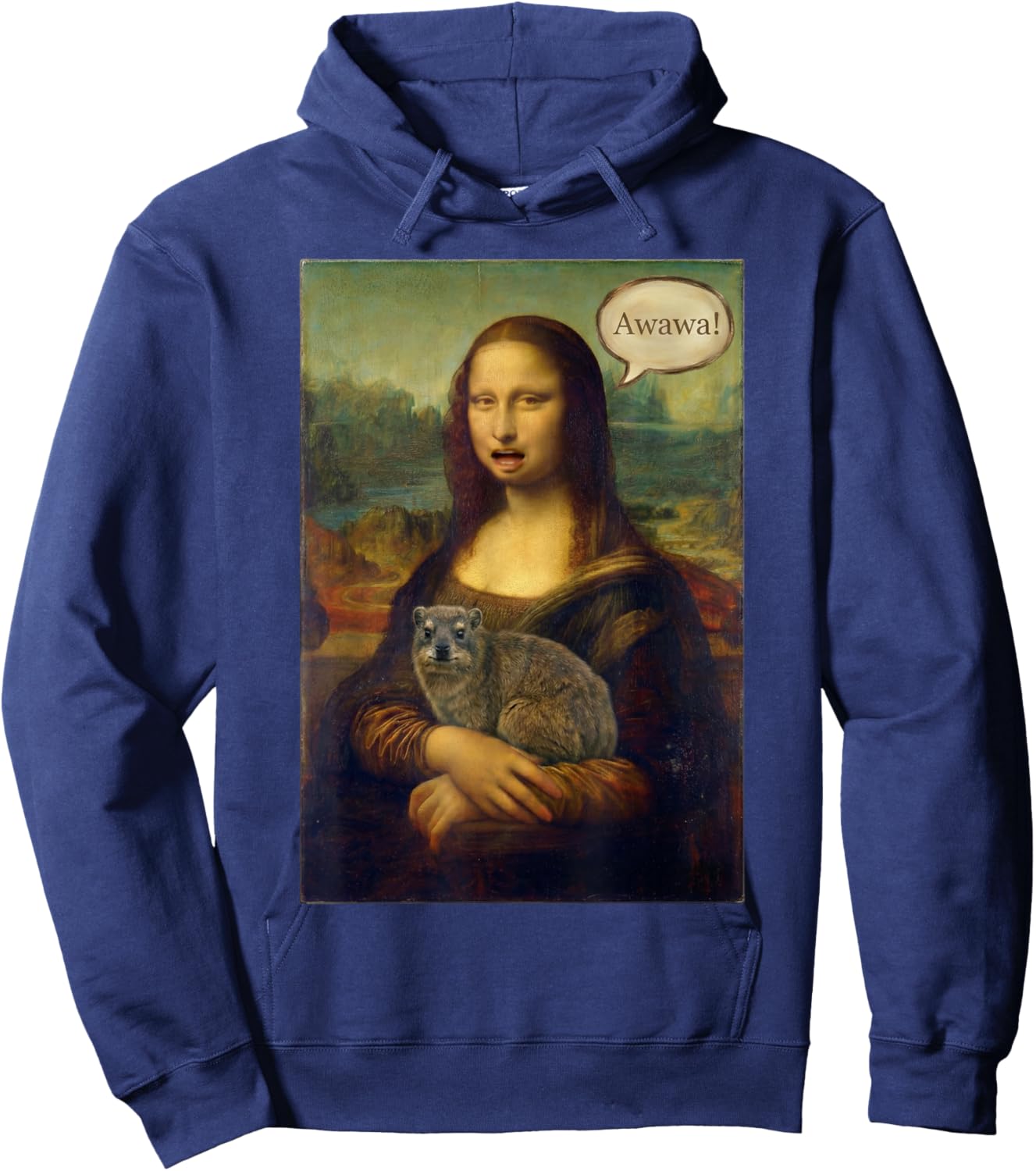 Mona Lisa Holding Rock Hyrax Awawa Funny Art Portrait Hoodie - Hoodie | Navy