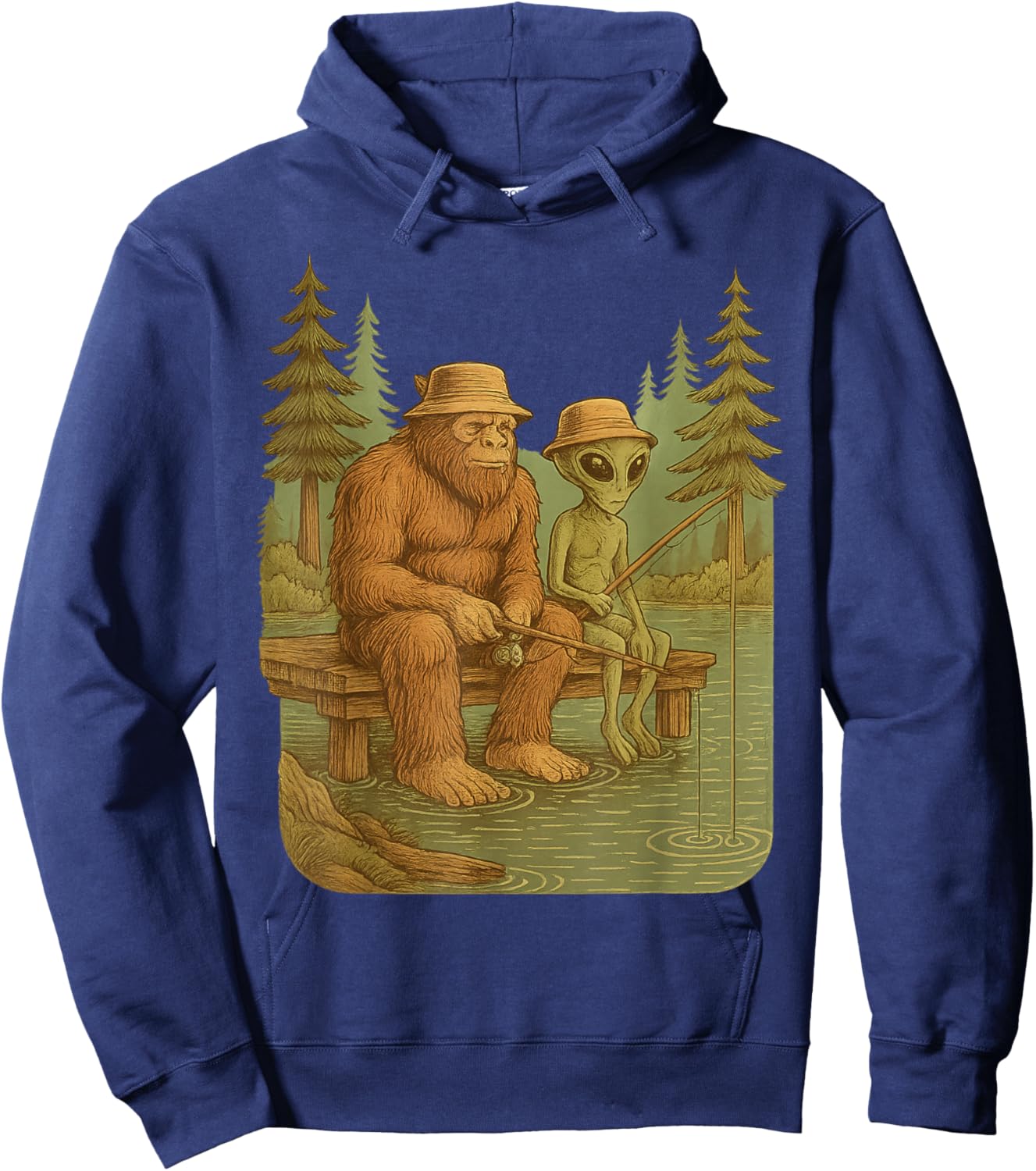 Funny Bigfoot Sasquatch Alien Fishing Outdoors Lake River Hoodie - Hoodie | Navy
