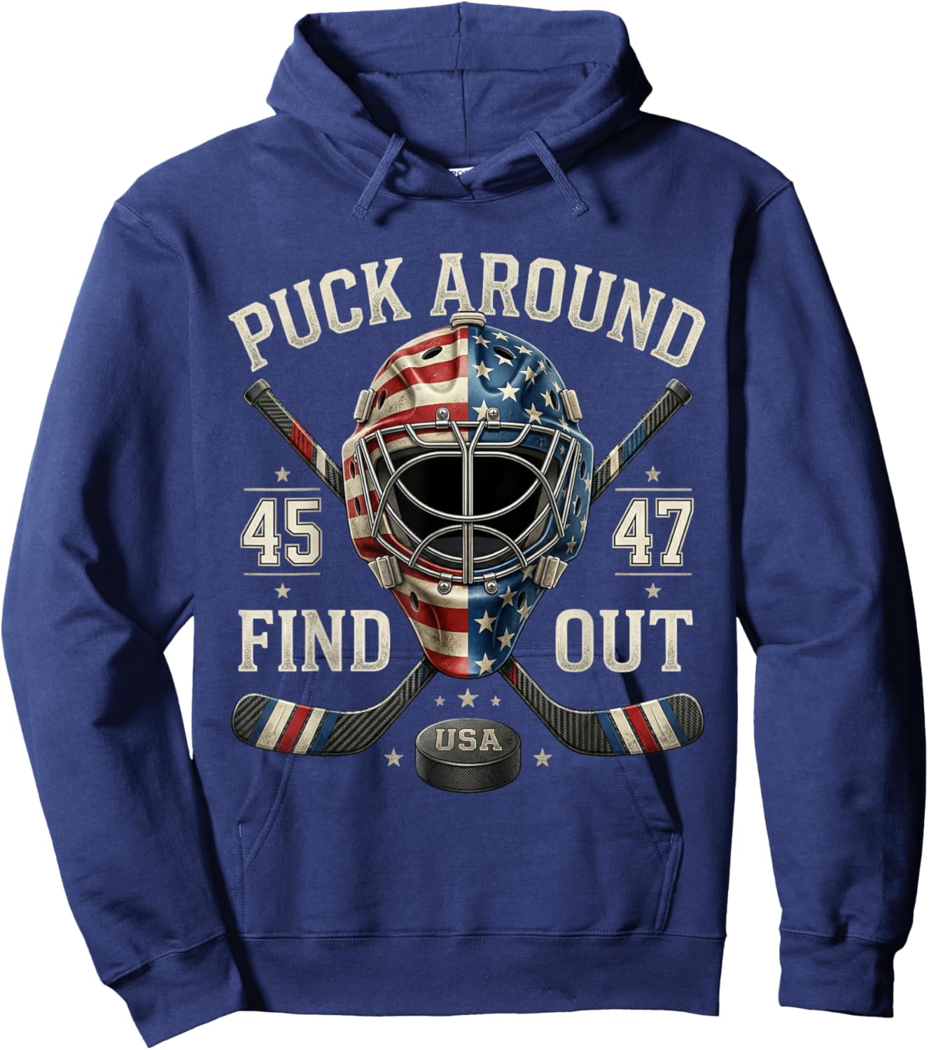 Funny Retro Puck Around and Find Out Funny Hockey Us Flag Hoodie - Hoodie | Navy
