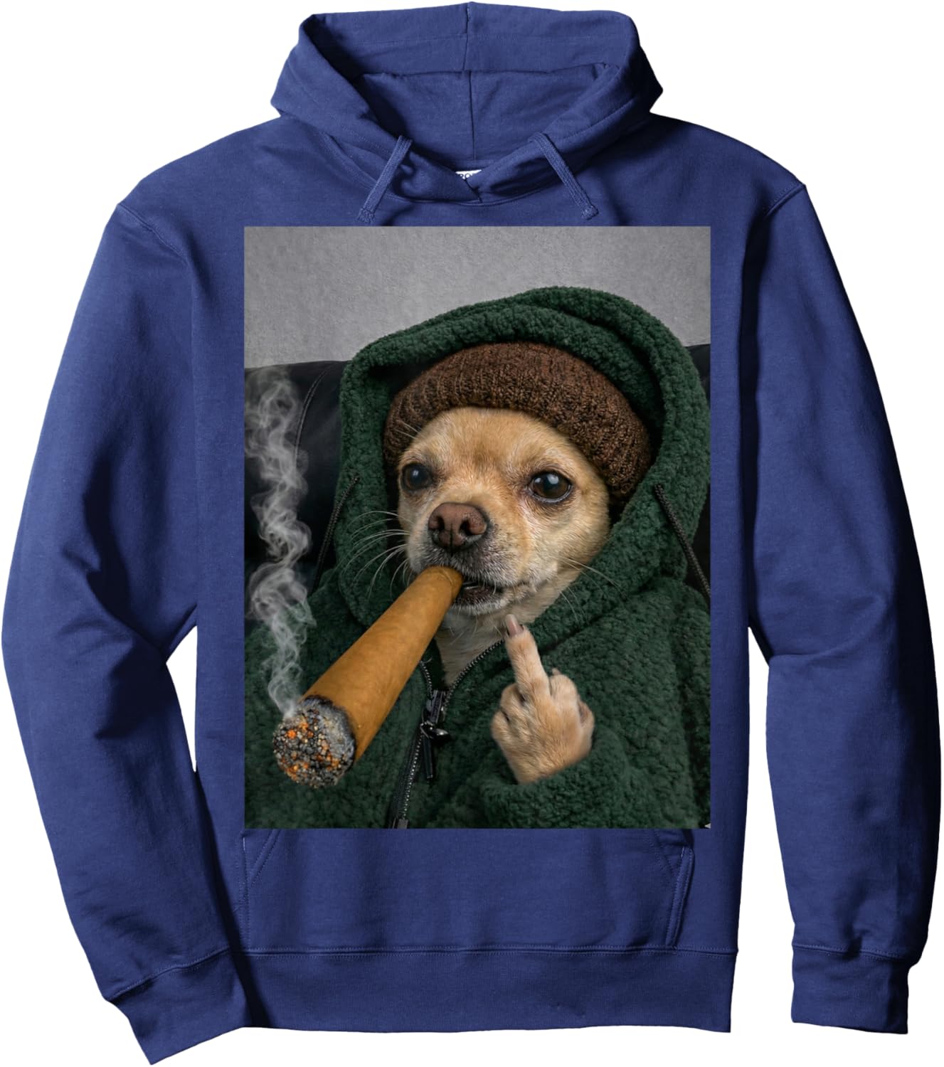 Funny Chihuahua Dog Smoking Cigarette with a Middle Finger Hoodie - Hoodie | Navy