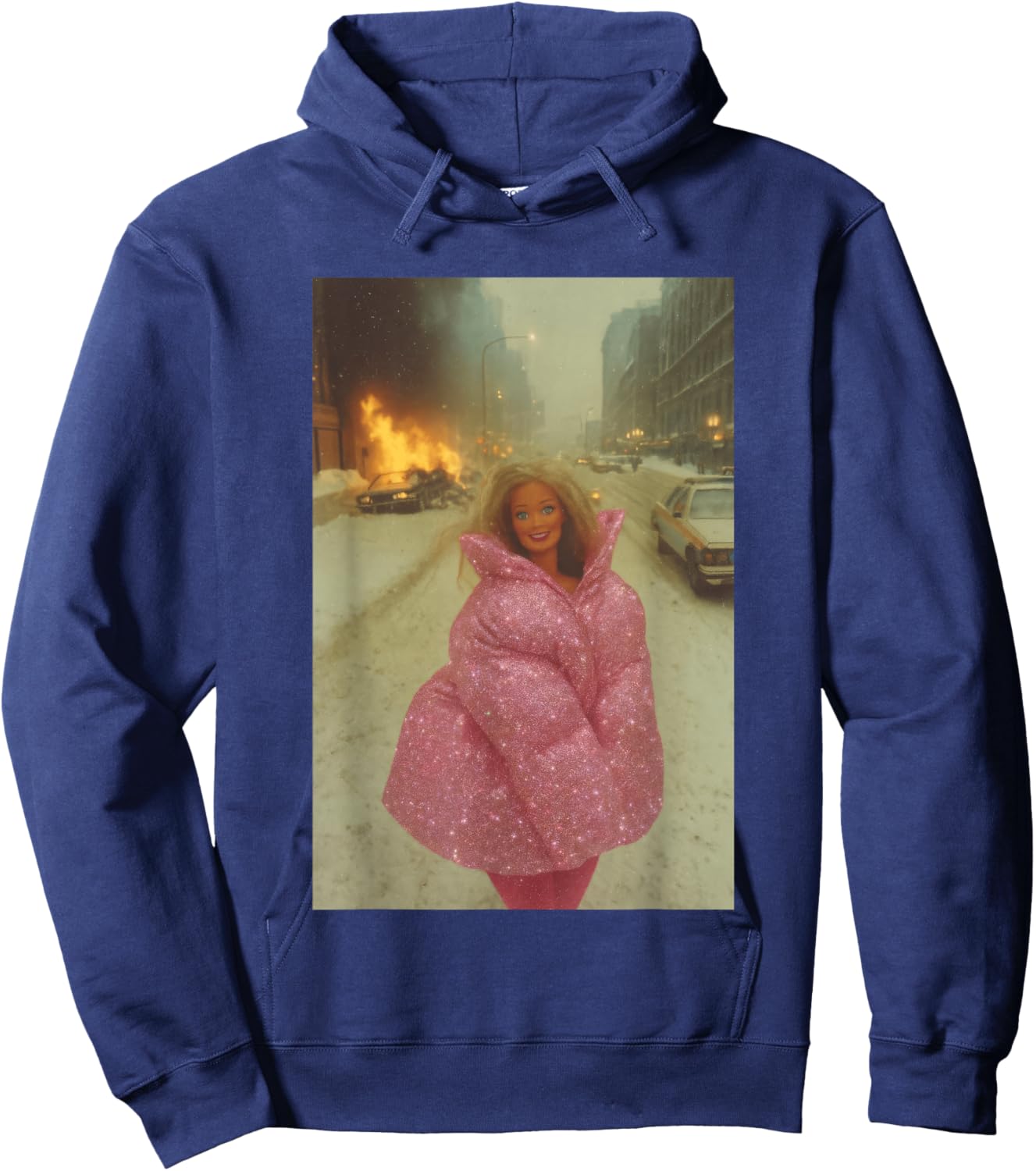 Funny Chaotic Disaster Doll Burning Background on fire Meme Hoodie - Hoodie | Navy