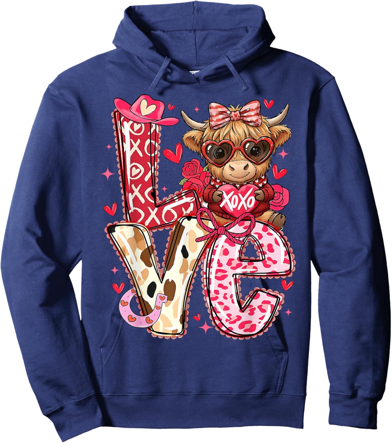 Love Western Highland Cows Valentine Cowgirl Hat Hoodie - Hoodie | Navy