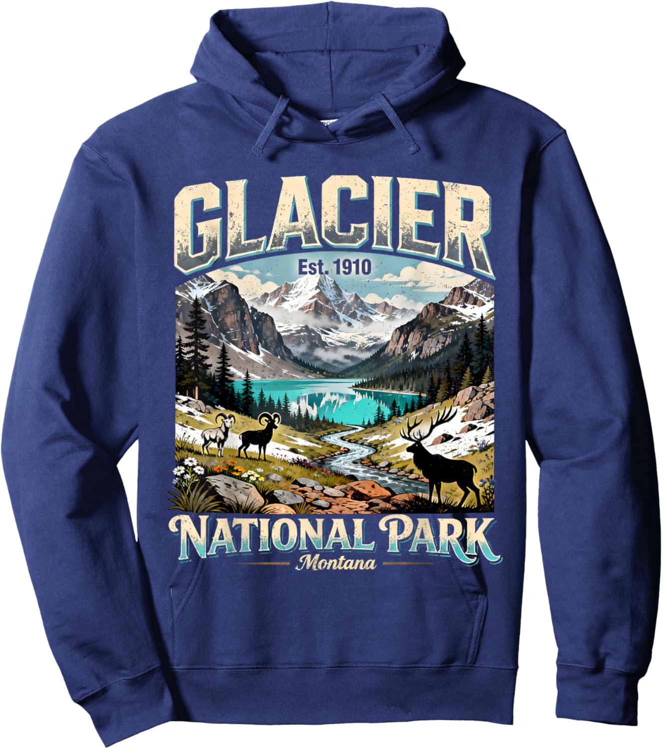 Glacier National Park Montana Vintage Nature Art Hoodie - Hoodie | Navy