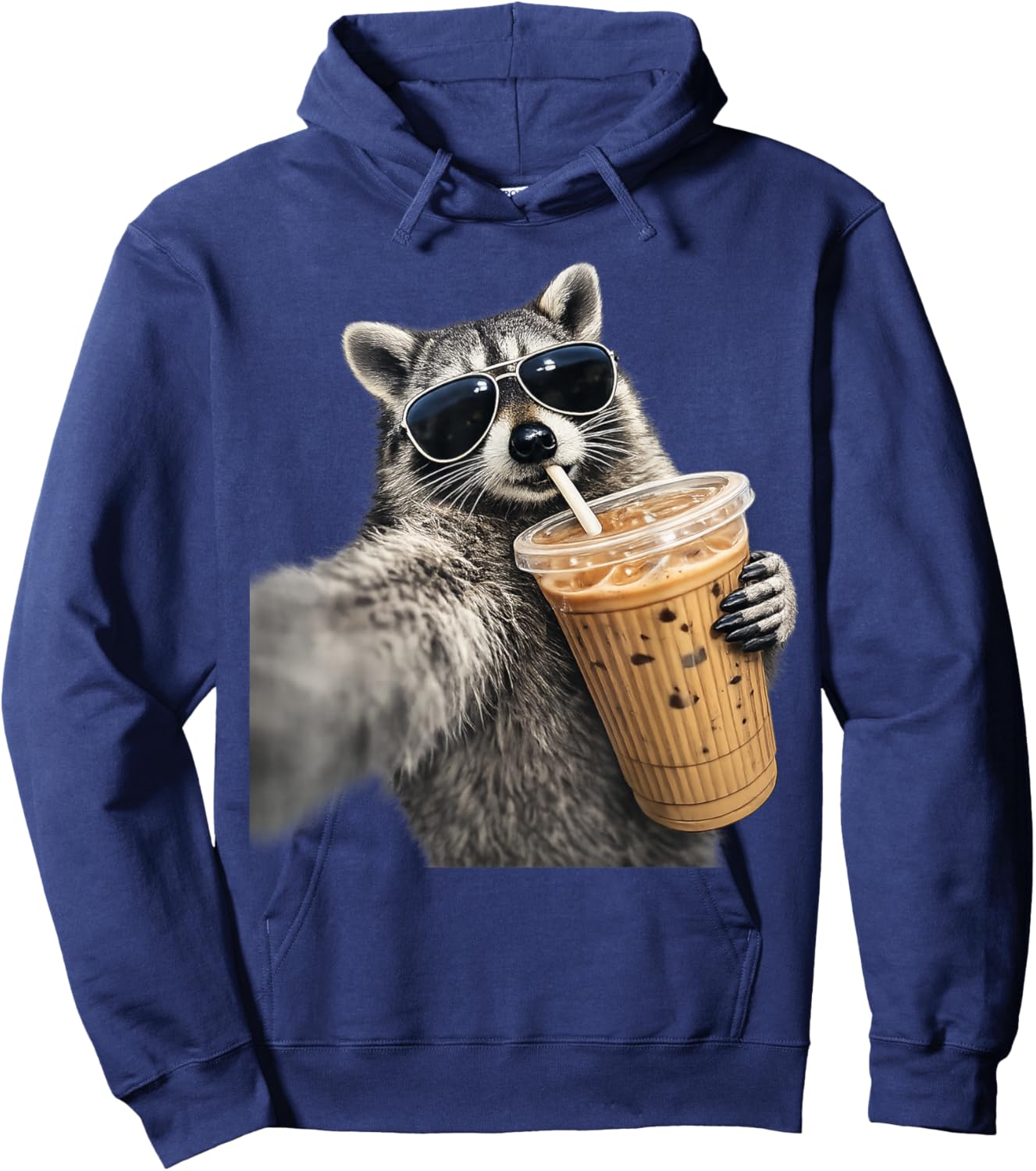Funny Raccoon Drinking iced Coffee Hoodie - Hoodie | Navy