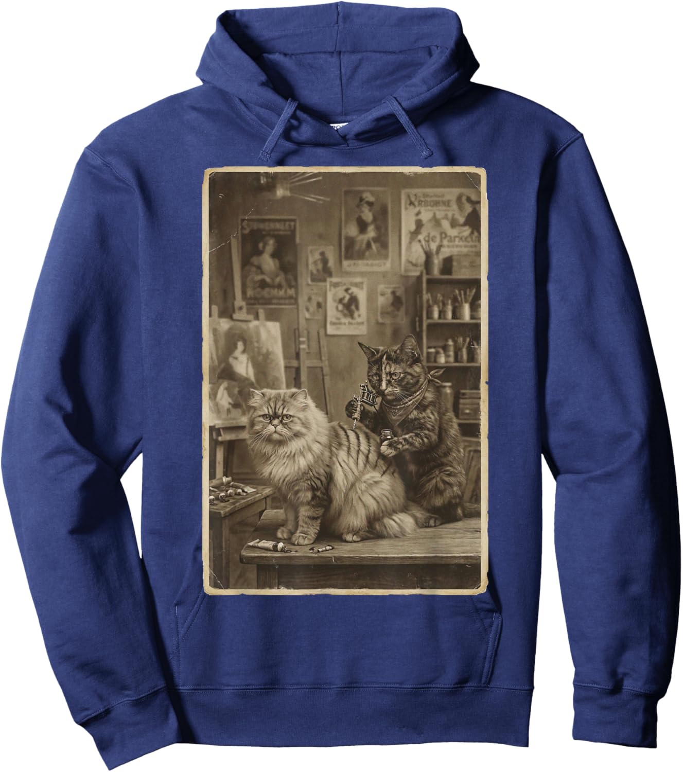 Vintage Sepia Cat Tattoo Artist – Funny Victorian Style Hoodie - Hoodie | Navy