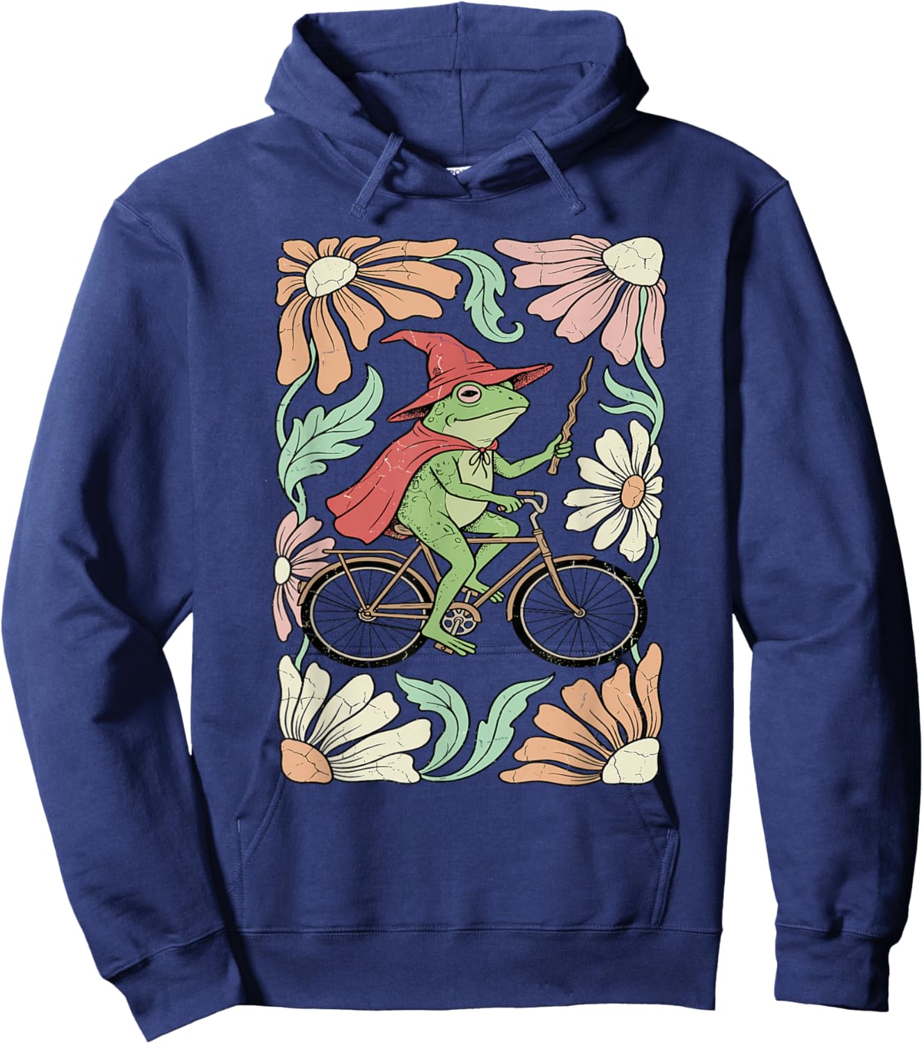 Whimsical Frog Wizard on Bicycle Vintage Floral Art Hoodie - Hoodie | Navy