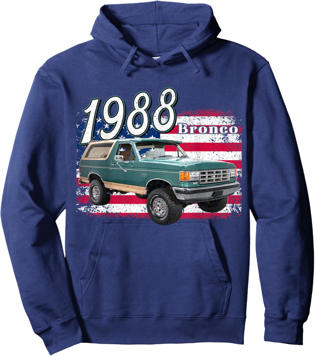 1988 88 Bronco Blue Classic Vintage Old Car USA Flag Hoodie - Hoodie | Navy