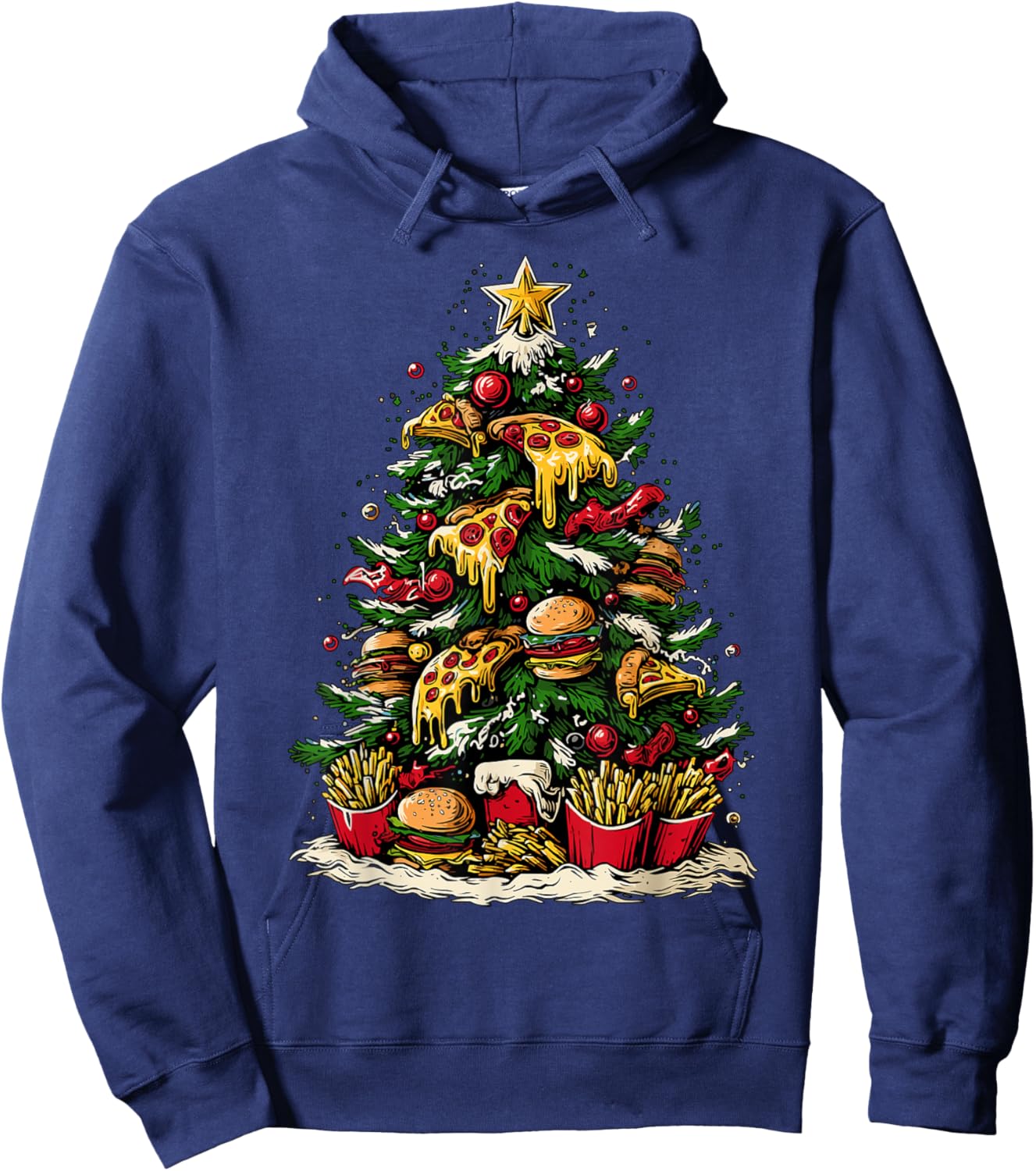 Funny Christmas Tree Fast Food Pizza Burgers Fries Humor Hoodie - Hoodie | Navy