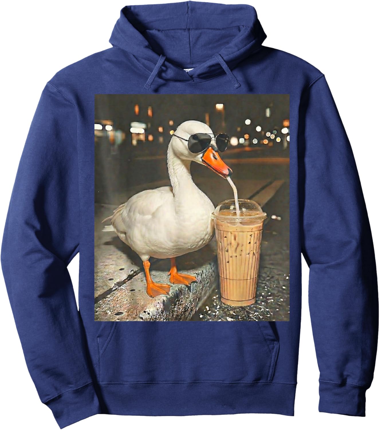 Funny Goose Drinking Iced Coffee Animal Meme Men Women Hoodie - Hoodie | Navy