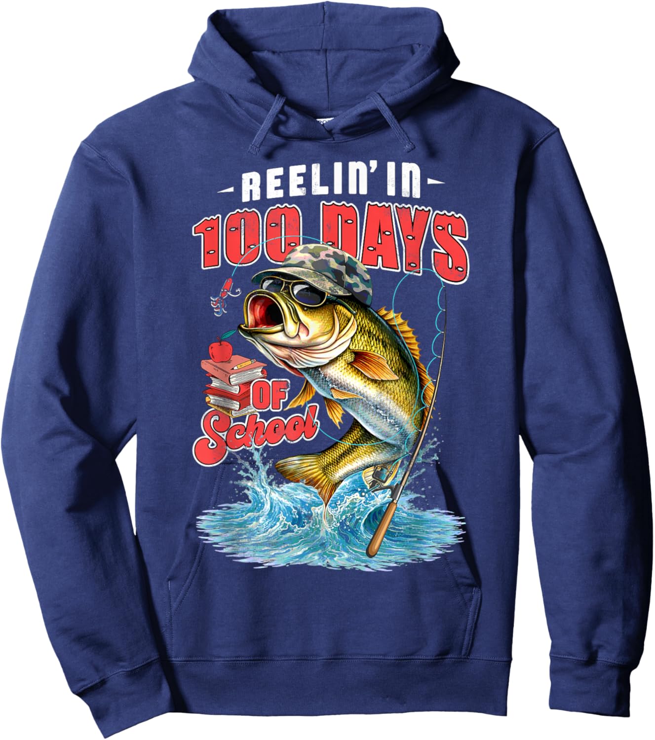 Reelin’ in 100 Days of School Camo Bass Fishing Teacher Boys Hoodie - Hoodie | Navy