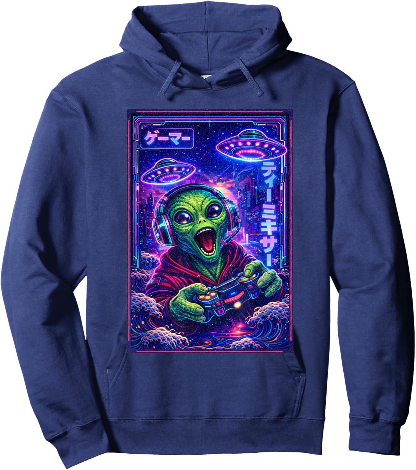 Japanese Synthwave Sci Fi UFO Alien Graphic Cool Gamer Hoodie - Hoodie | Navy