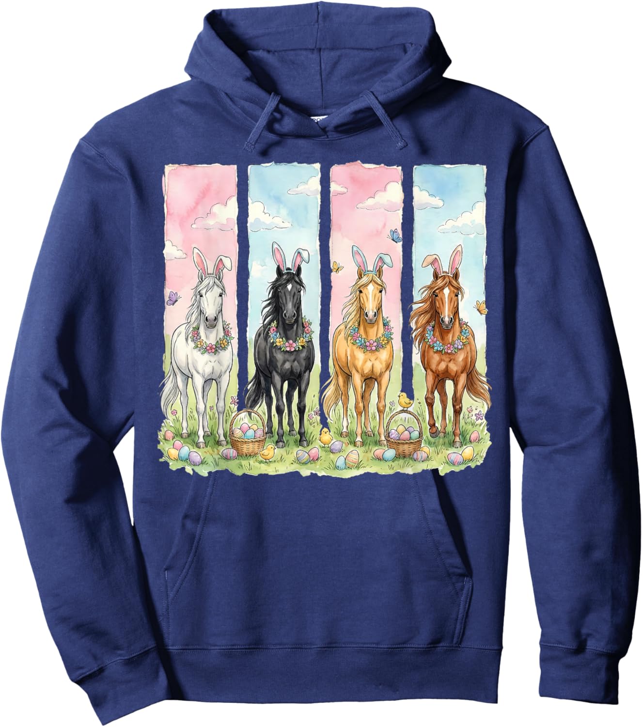 Easter Horses with Bunny and Flowers Design Hoodie - Hoodie | Navy