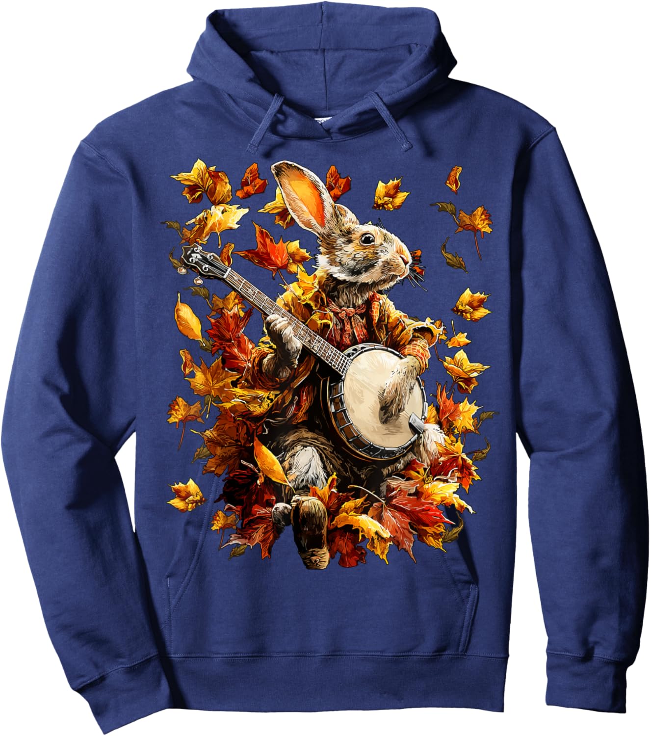 Banjoist Rabbit Playing Banjo Picker Fall Leaves Autumn Art Hoodie - Hoodie | Navy