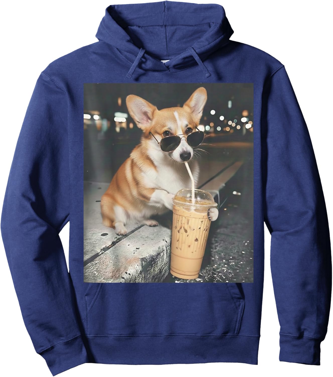 Corgi Drinking Iced Coffee Funny Animal Meme Corgi Dog Lover Hoodie - Hoodie | Navy