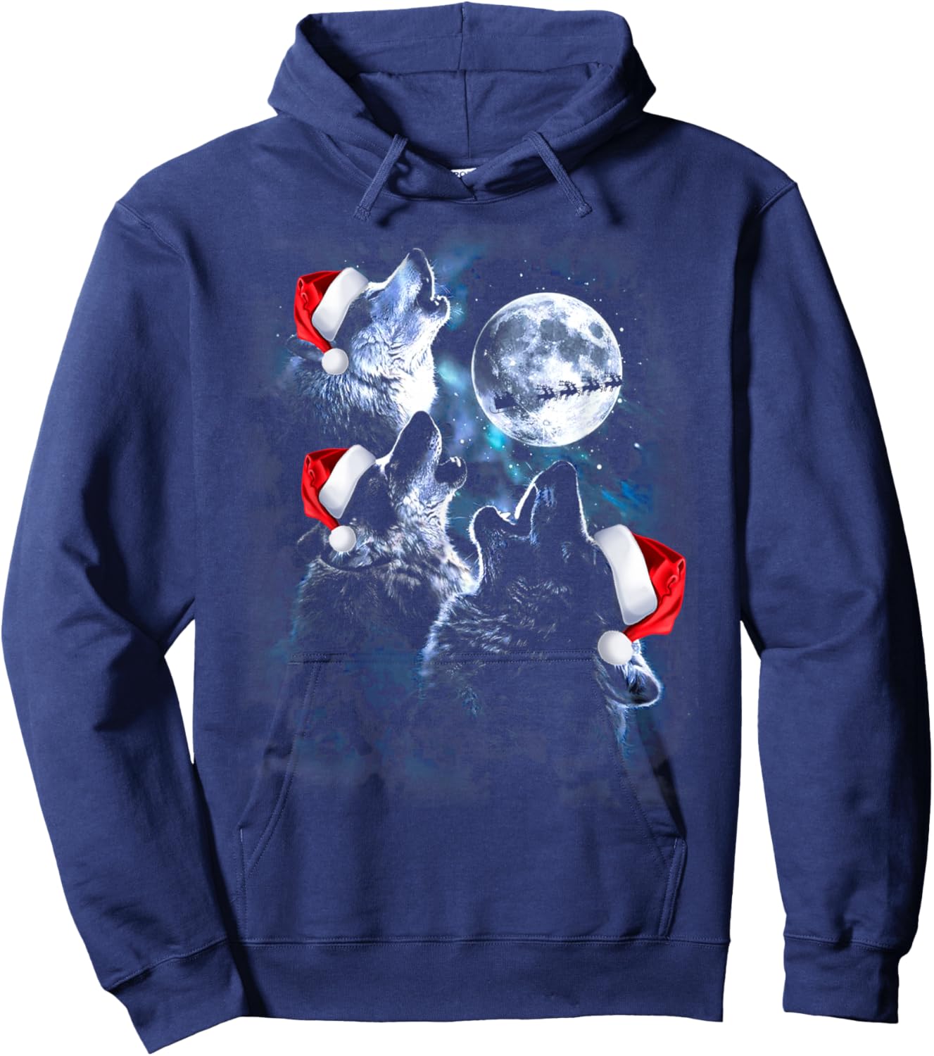 Funny Wolf Xmas - Wolves Howling Under Moon Christmas Santa Hoodie - Hoodie | Navy